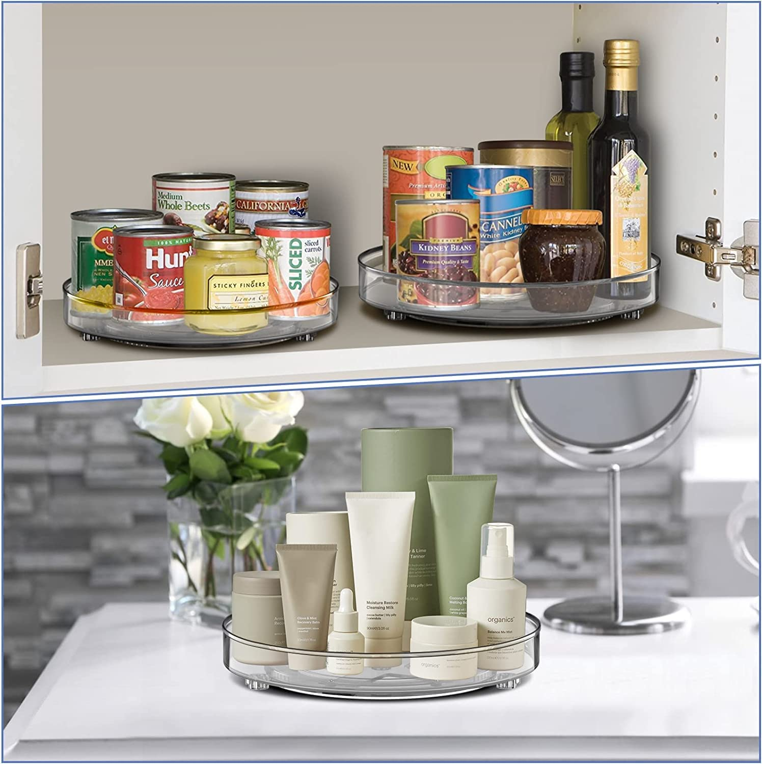 Nealie 2 Pack Lazy Susan Turntable Cupboard Organizer (27+23,5Cm), Rotatable Spice Rack Fridge, Clear Cupboard Condiment Spinning Tray, Multi-Functional Spice Rack for Kitchen Storage image number 4