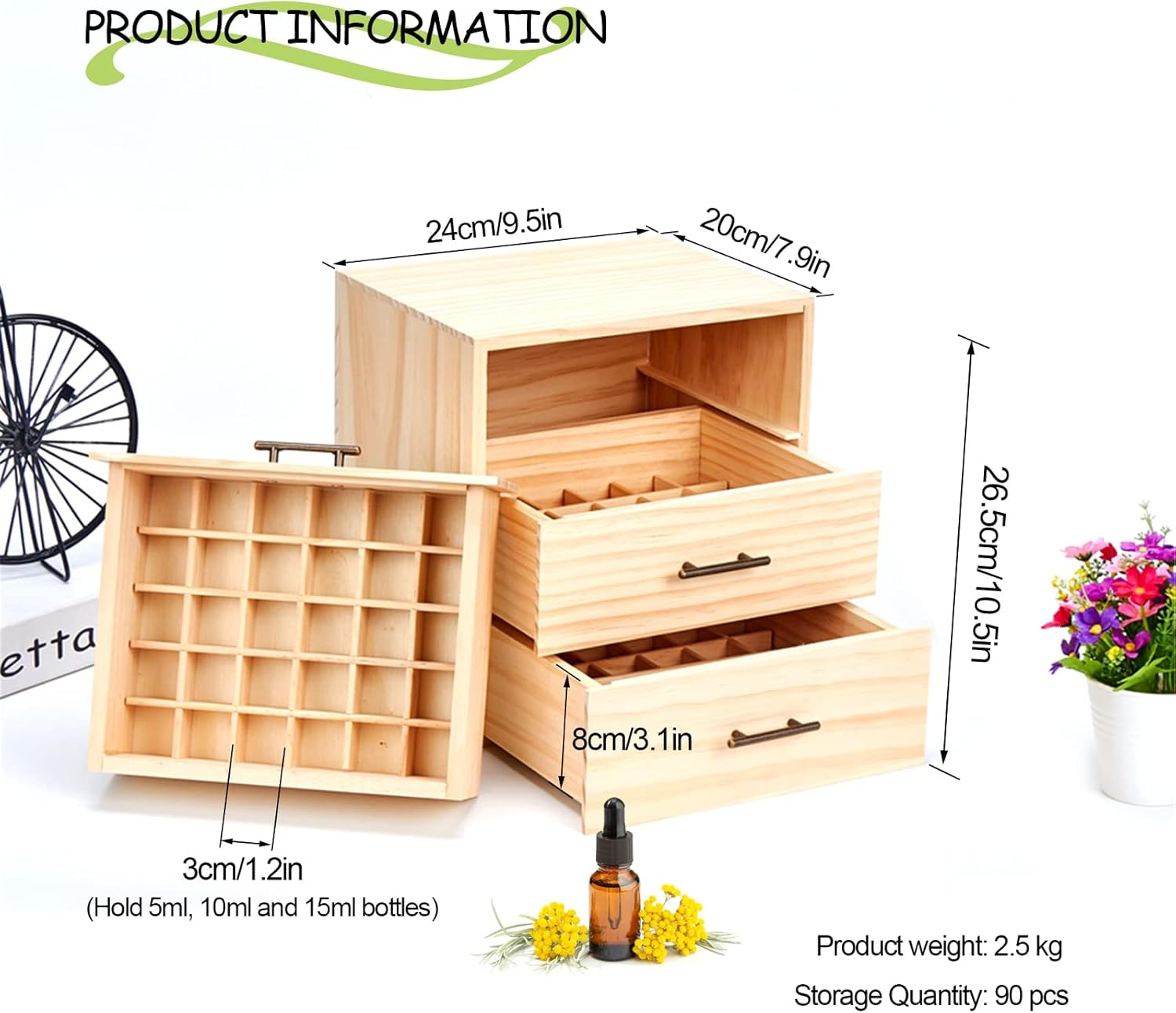 Pure Vie Wooden Essential Oil Storage Box Home Fragrance Carrier Case, Holds 90 Bottle (Fits 5-15Ml) - Aromatherapy Organizer Makeup Nail Polish Perfume Container - Keep Your Oil Safe & Space Saver image number 1