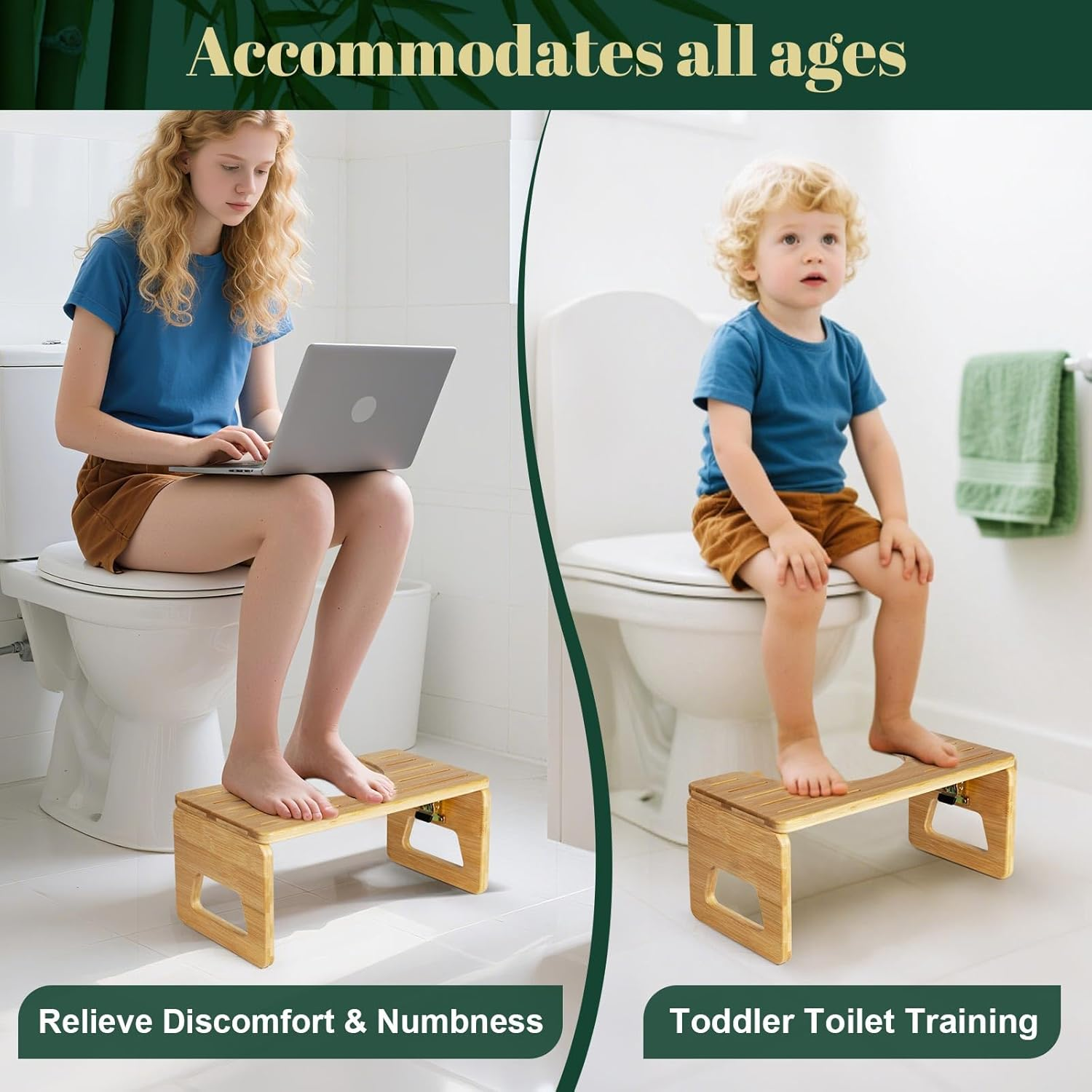 JDCQKHA 7 Inches Bamboo Toilet Stool Squat Adult, Foldable Poop Stool for Bathroom, Portable Potty Stool with Non-Slip Strip, Space-Saving, No Assembly Required (Natural Color) image number 1