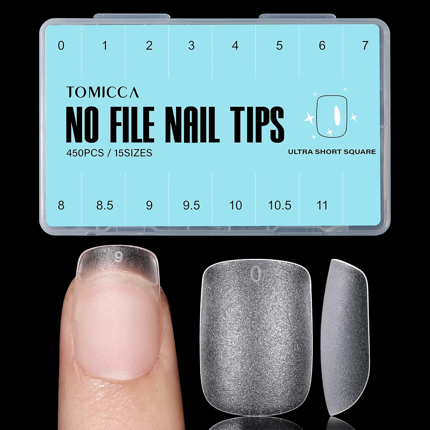 TOMICCA Extra Short Square Nail Tips, 15 Sizes Soft Double-Sided Matte Fake Nails for Extensions, 450Pcs Acrylic Pre Shaped Gel Nail Tips for Home DIY Art Women Girls image number 1