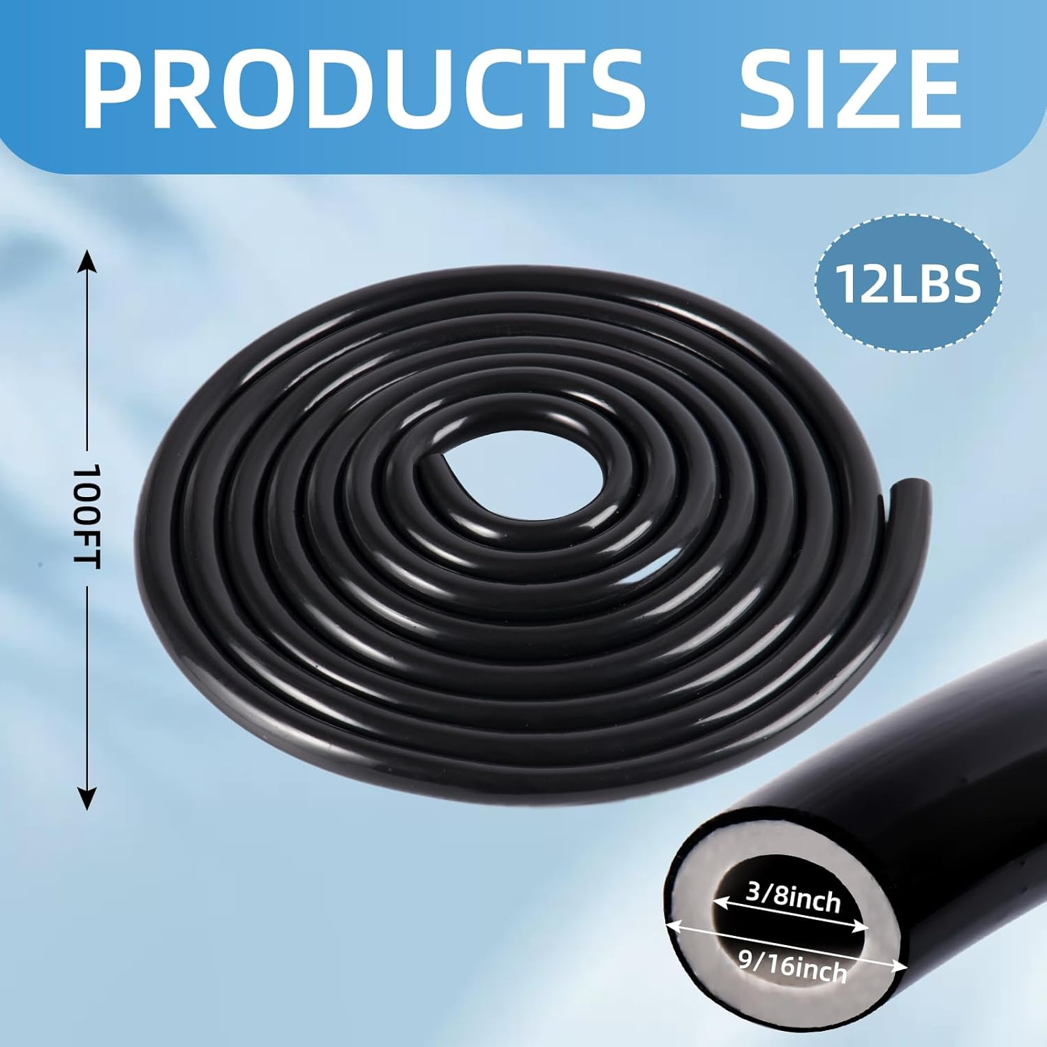 Self Sinking Aeration Hose,3/8 Inch 100 Ft Weighted Pond Aeration Tubing with 8 Stainless Steel Hose Clamps and 4 Copper Menders Used for Pond Aeration Kit Hoses (100FT) image number 1