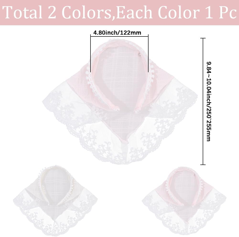 CABODYALS 2 Pieces 2 Colours Lace Hair Bandana Boho French White Pink Vintage Cute Soft Headscarf Non-Slip Summer Scarf Headscarf for Women Bridal Wedding Party Styling Dress Accessories image number 6