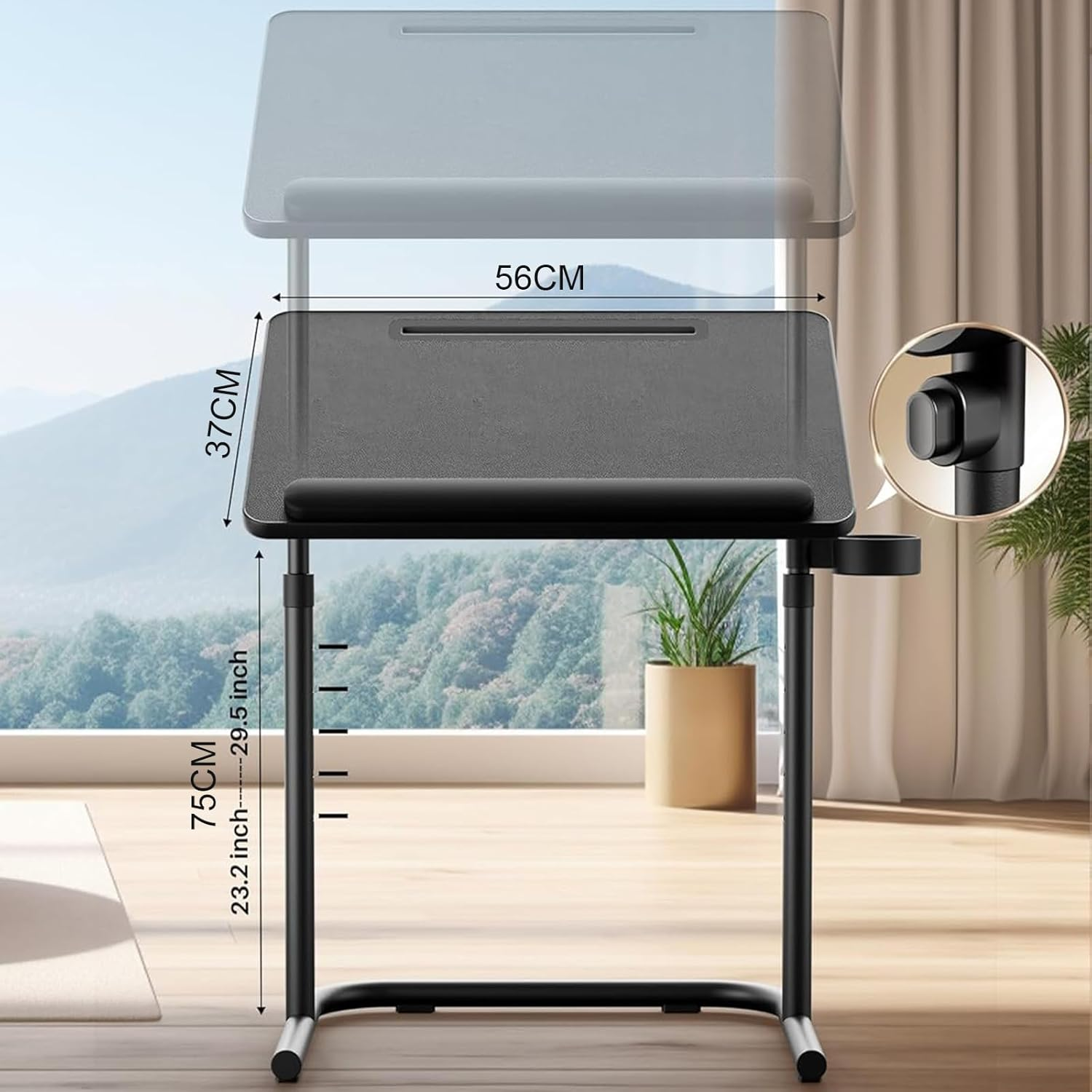 Portable Folding Snack Table with Adjustable Tray & Removable Cup Holder,Black