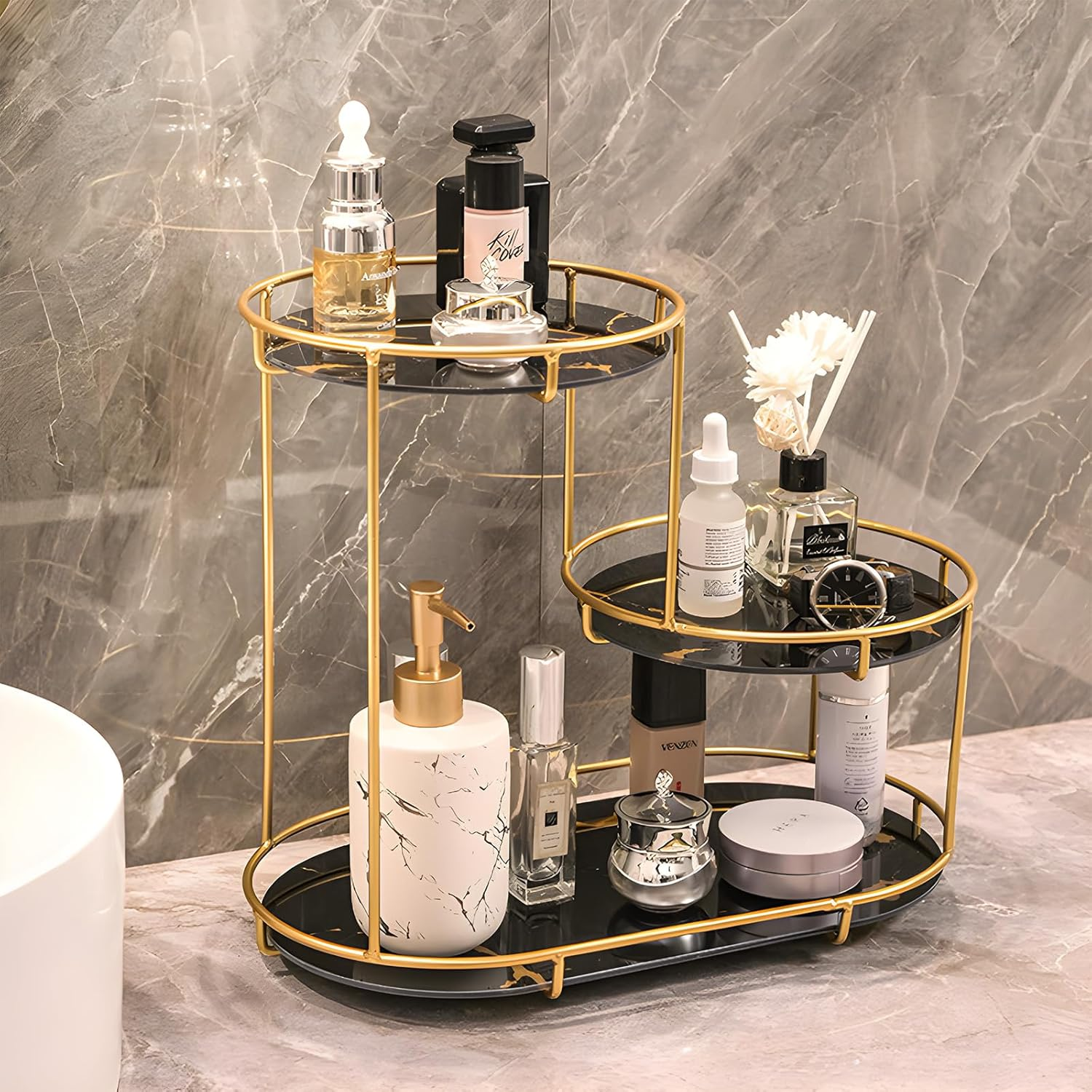 Bathroom Counter Organizer Holder, Luxury Cosmetics Storage Rack, Tray Dresser Stainless Steel Gold Shelf, 3 Tier Countertop Standing Storage Rack, Bathroom Washbasin Open Organiser(Black)