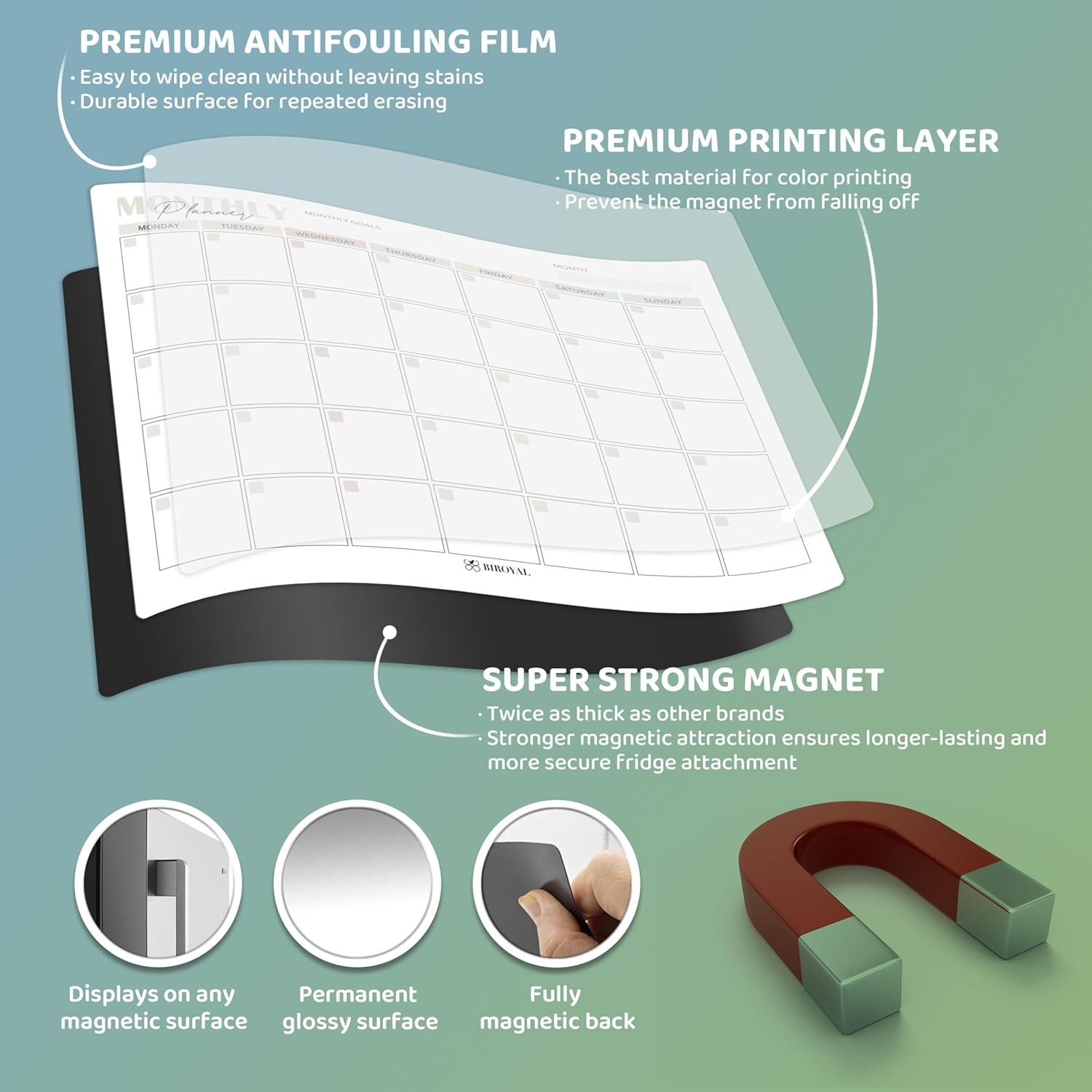 BIROYAL 4 Pack Magnetic Fridge Calendar - Dry Erase Whiteboard Calendar for Refrigerator - Magnetic Monthly & Weekly Planner with 6 Markers, Eraser, to Do List & Shopping List - 42X32Cm image number 6