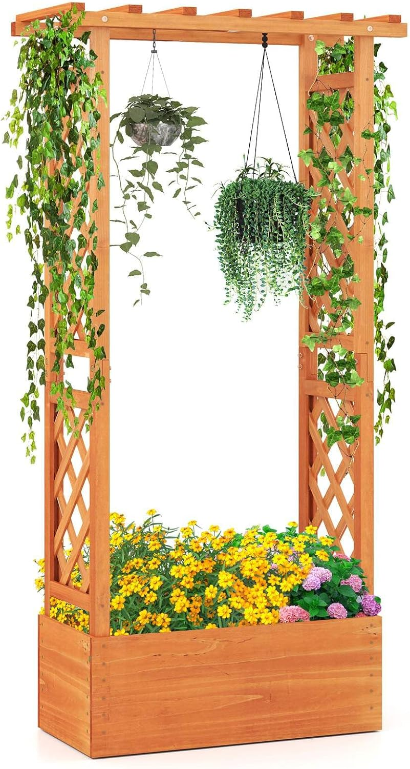 Costway Raised Garden Bed with Trellis, Wood Freestanding Planter Box with Hanging Roof, Drainage Holes for Climbing Plants, Flowers, Vegetables, Indoor Outdoor Planting Bed for Patio Yard