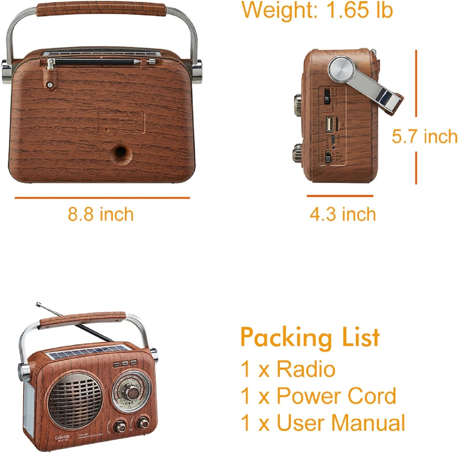 Gelielim Portable Radio Retro, AM FM Shortable Radio with Best Reception, Small Vintage Radio with Bluetooth Speaker, Rechargeable/Solar/Battery Radio, Supports TF Card/Usb Player, Emergency Torch image number 6