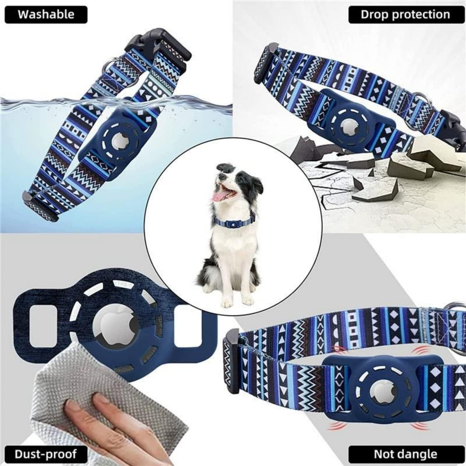 PUSHY. D Airtag Cat & Dog Collar Bohemian Soft Rubber Airtag Protective Case Polyester Dog Collar Adjustable Soft Ethnic Style Colar Suitable for Large, Medium and Small Dogs and Cats(Blue,M) image number 3