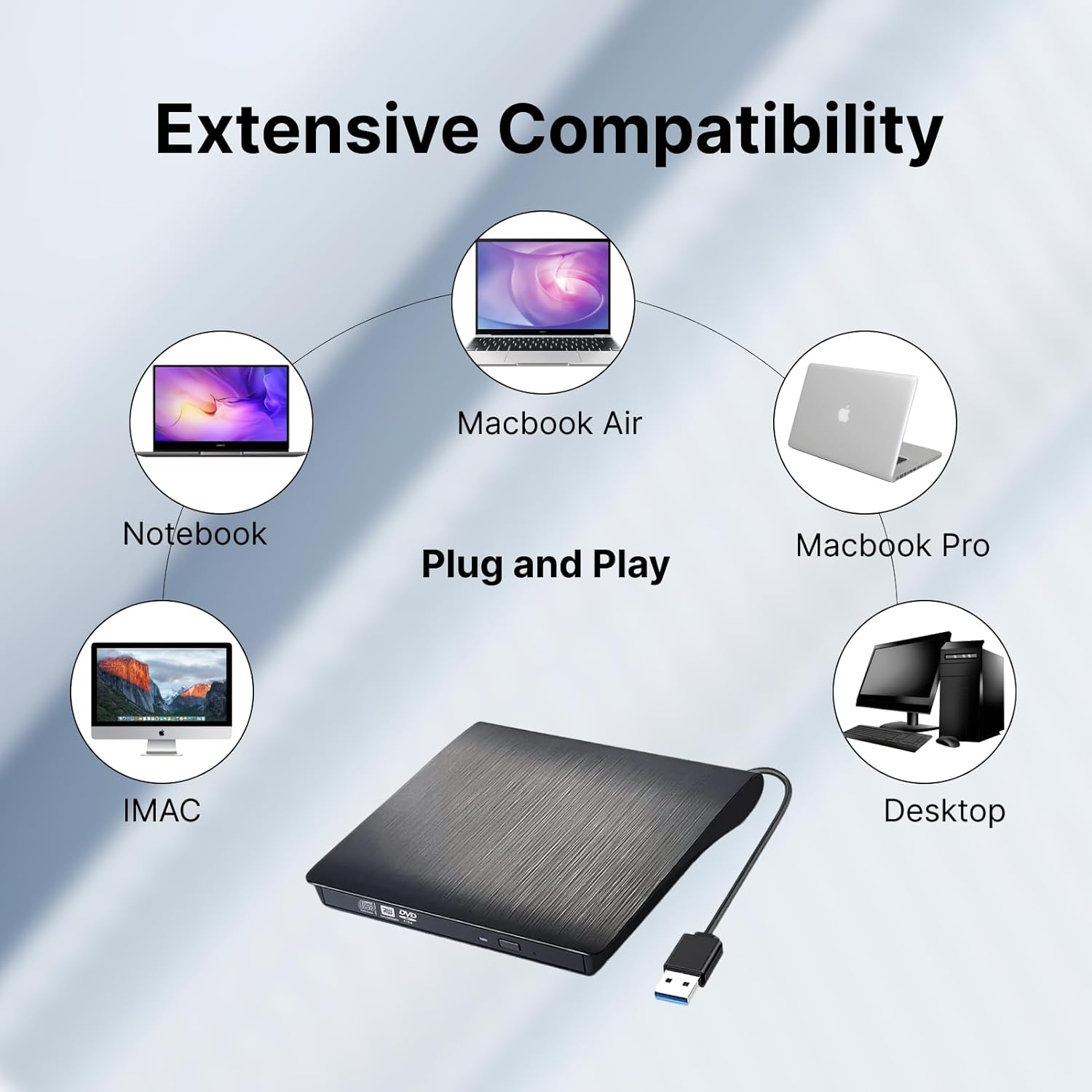 USB 3.0 External CD DVD Drive Slim Portable Optical Drive Player Writer Burner for Windows 10 8 7 XP Vista, Compatible with PC Laptop, High-Speed Read Write, Black image number 1