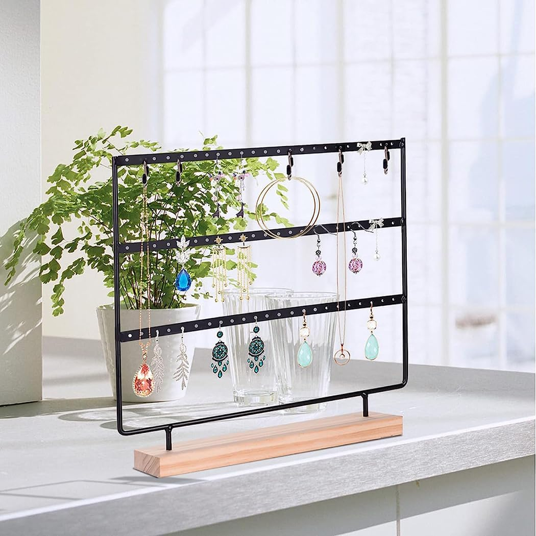 Earring Holder Jewelry Display Stands, 3-Tier 72 Holes Earring Organizer Stand Jewelry Holder Organizer Wooden Base Women'S Jewelry Tower Home and Office Decor for Hanging Earrings (Black) - White image number 3