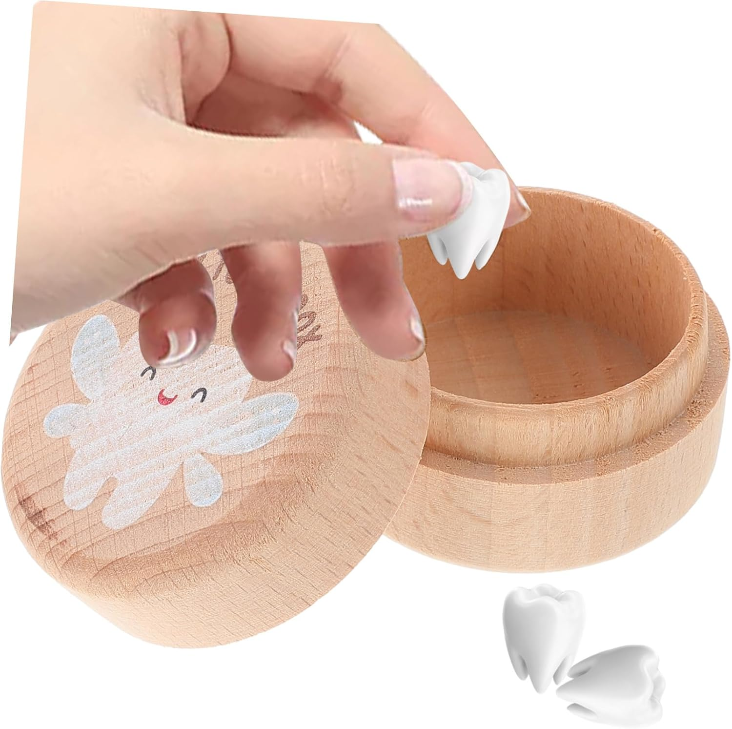 2Pcs Wooden Tooth Keepsake Box Set for Kids round Baby Tooth Holder for Boys and Girls image number 2