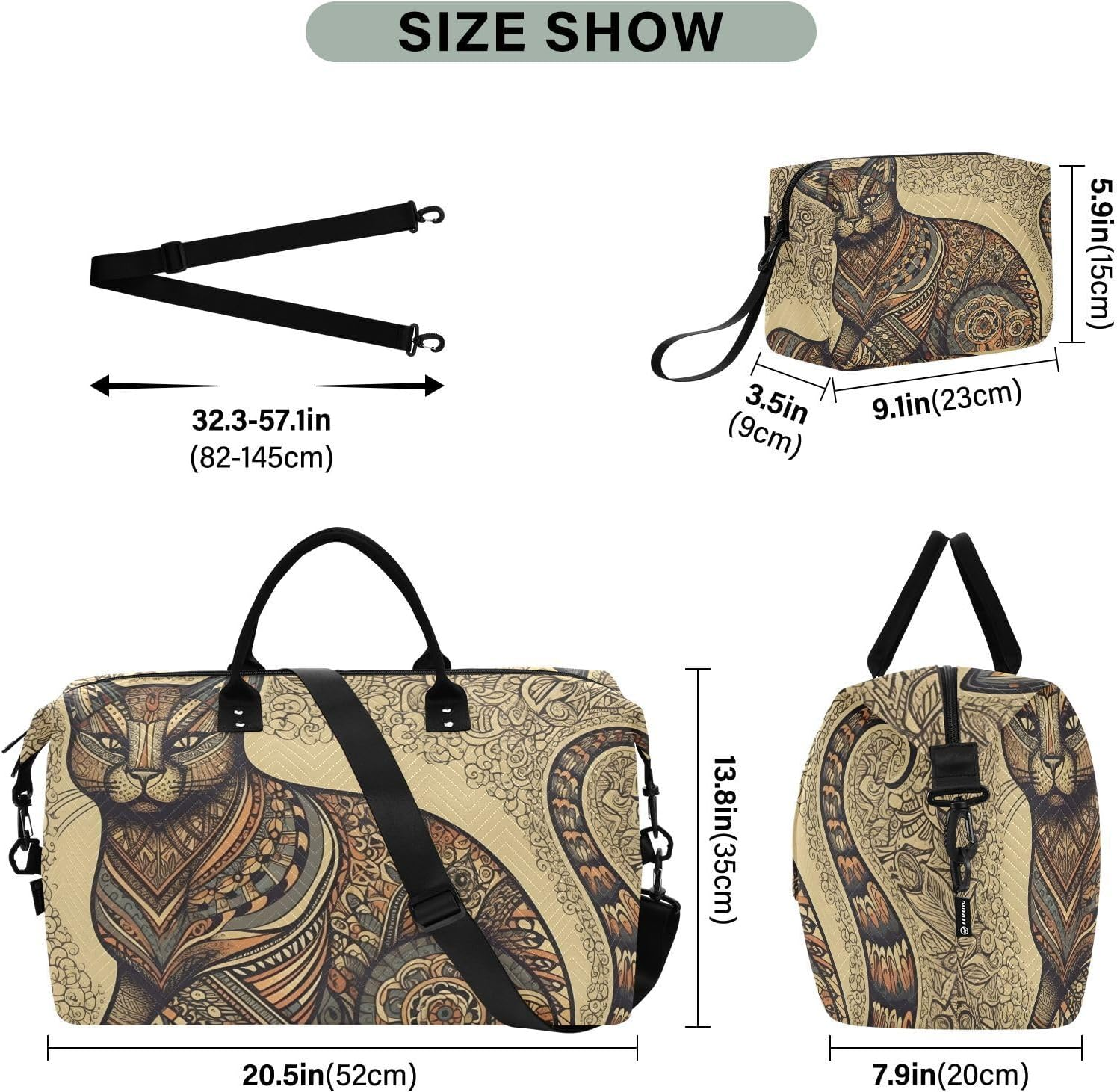 WOIWB Duffel Bag Set with Toiletry Bag for Travel Gym Sport, Luggage Sleeve Weekender Bag Carry on Overnight Bag-Tribal Pattern Cat Print, Multicolor, 20.5 X 7.9 X 13.8 Inches+9.1 X 3.5 X 5.9 Inches image number 1