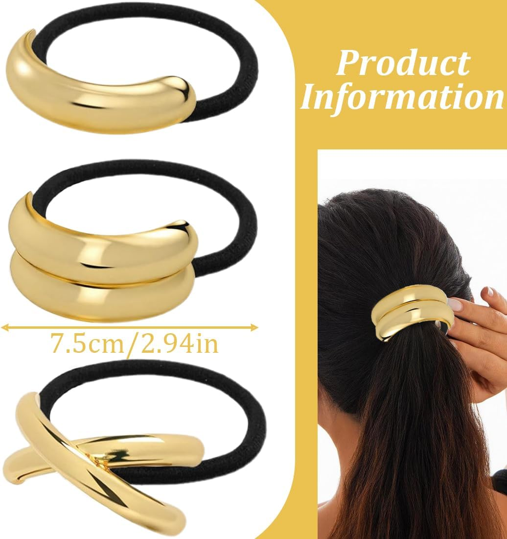 MIRKUZI Hair Bobbles 3 Pack Metal Hair Bobbles Ponytail Elastic Hair Ties Golden Metal Hair Bobbles for Thick Hair Hair Accessories for Ponytails for Women image number 2