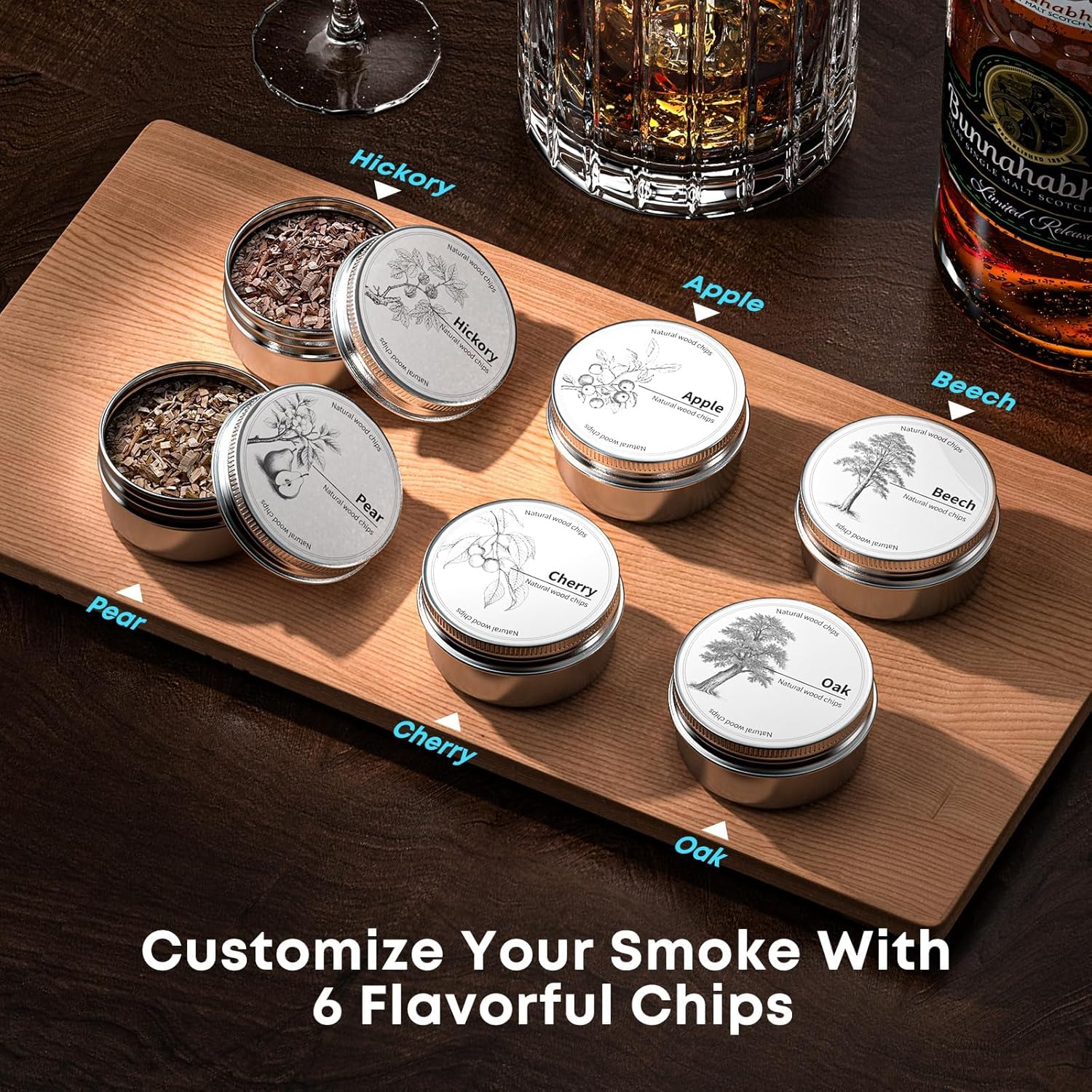 Electric Whiskey Smoker Kit with Rechargeable Built-In Lighter & LED Light, No Butane Needed, 6 Flavored Wood Chips for Old Fashioned Smoker Kit, Bourbon, Cocktail Father&rsquo;S Day Gifts for Men Husband image number 6