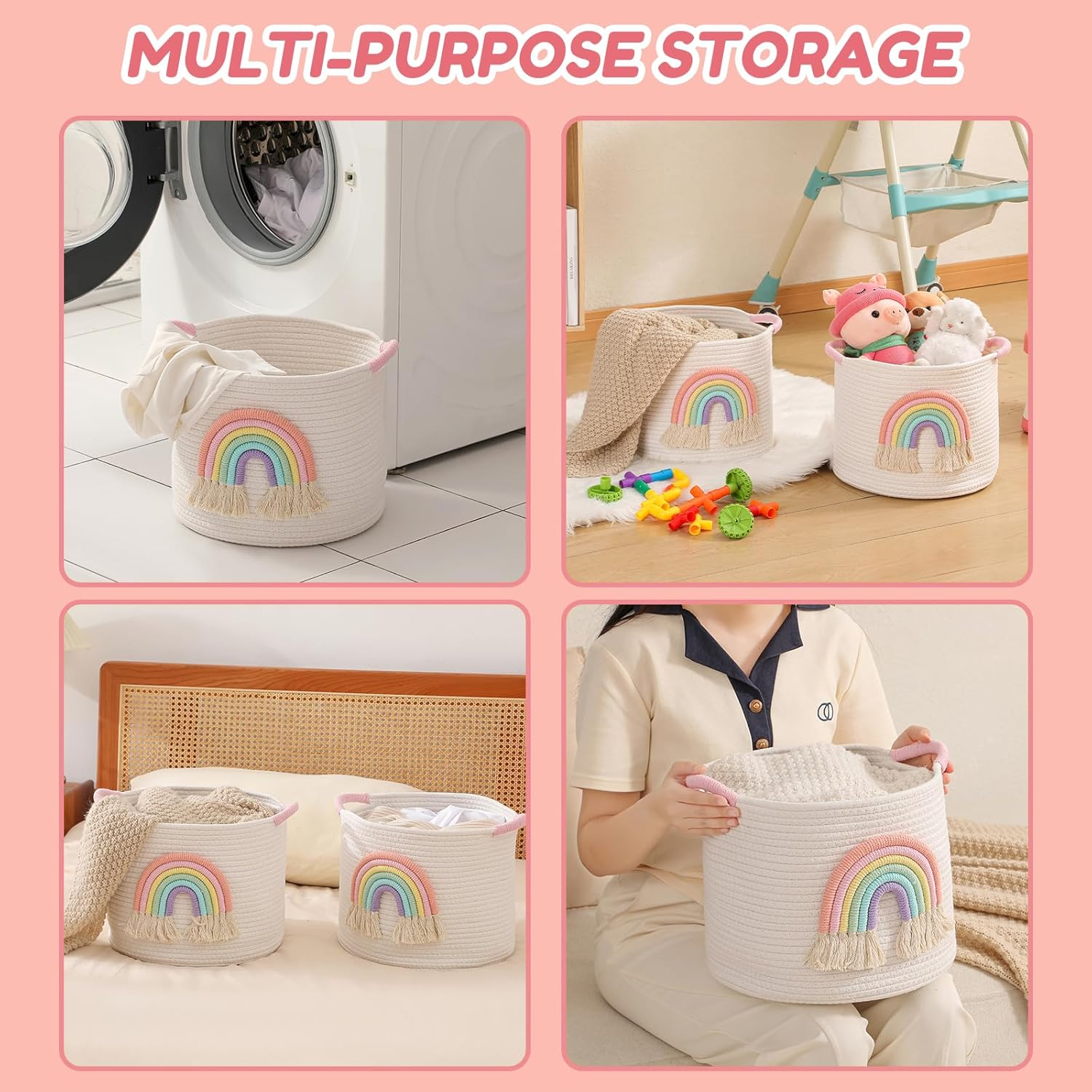 Inough Toy Storage Baskets Woven Cotton Rope Storage Basket with Rainbow Decor for Kids, Blanket Baskets for Living Room Toys Organizer Rainbow Baby Gifts Basket with Handle for Girls Nursery Playroom