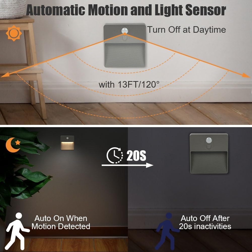 HOTUT Motion Sensor Night Light,2Pcs Stick-On Battery Powered Night Lights,Warm Light,4 RGB Colors,Auto/On/Off Light,Stair Sensor Lights Indoors,Night Light for Stair,Hallway,Kitchen,Closet (Gray) - Grey-2Pcs image number 6