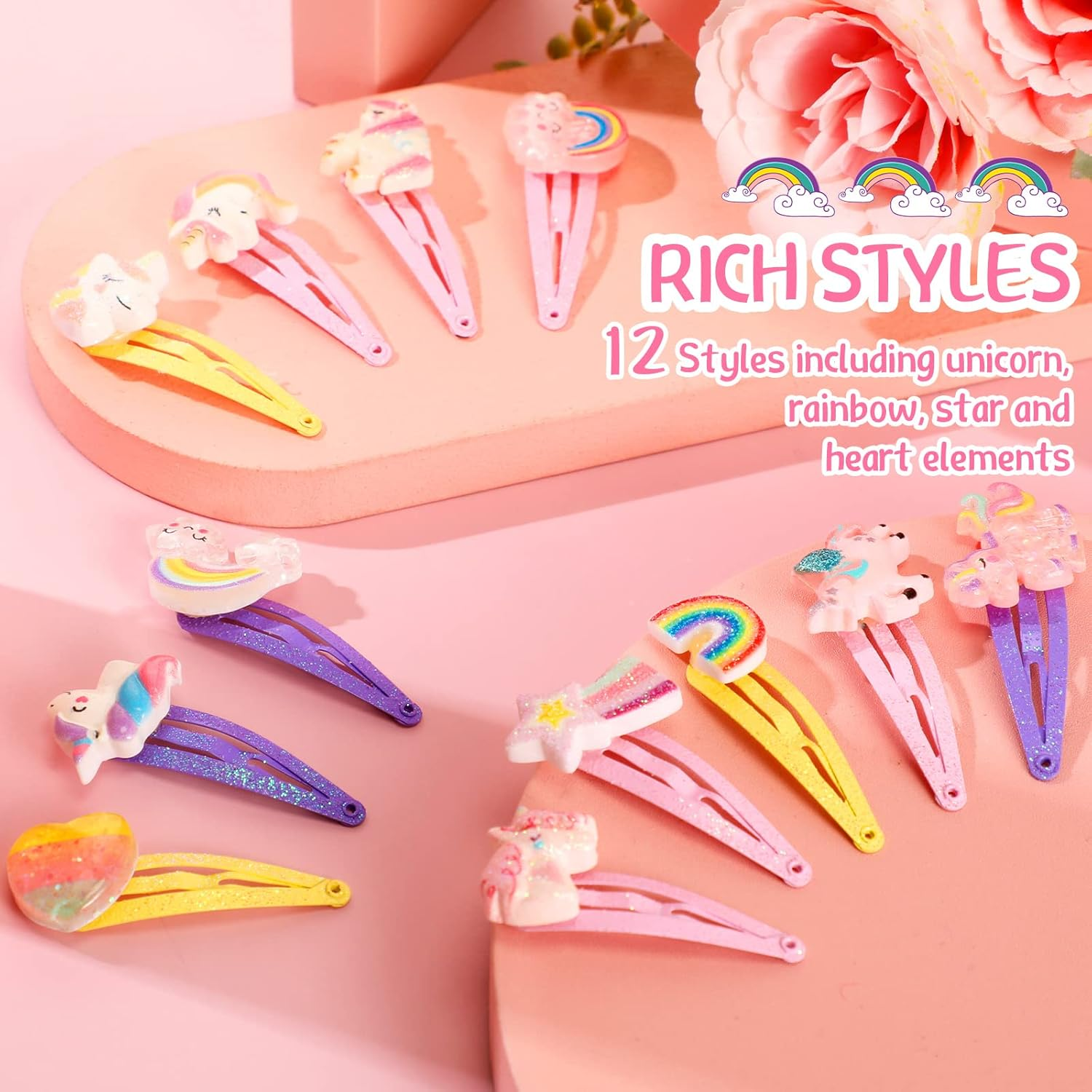 Hanaive 24 Pcs Rainbow Unicorn Clips Metal Clips Butterfly Snap Barrettes Cute Mermaid Hair Pins Sparkly Animal Hair Accessories for Toddlers Little Girls Birthday Party Gifts(Rainbow Pattern) image number 5