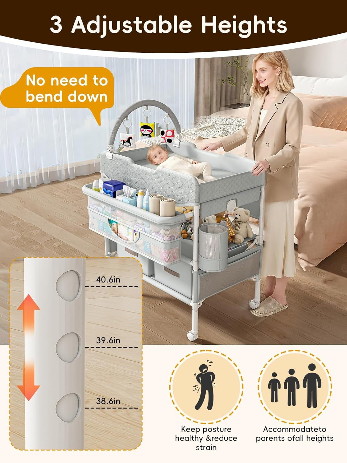 Baby Changing Table with Drawers, Waterproof Versatile Folding Diaper Changing Station with Storage, Adjustable Height, Portable Diaper Chang Ing Station, Mobile Nursery for Infant and Newborn image number 3