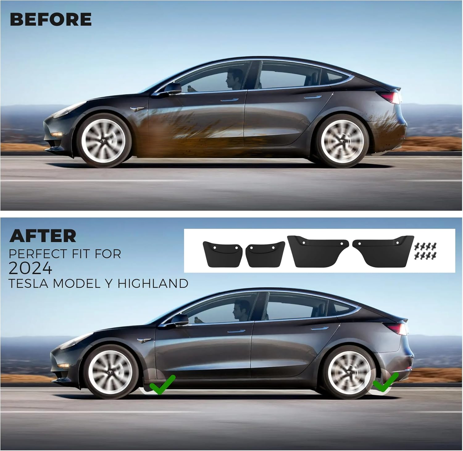 Mud Flaps for 2024 Tesla Model 3 Highland, 4 Pieces Car Splash Guards Mudguards for Front & Rear, No Drilling Required Mud Guard Accessories for Model 3, Car Fender Kits Easy Installation image number 2