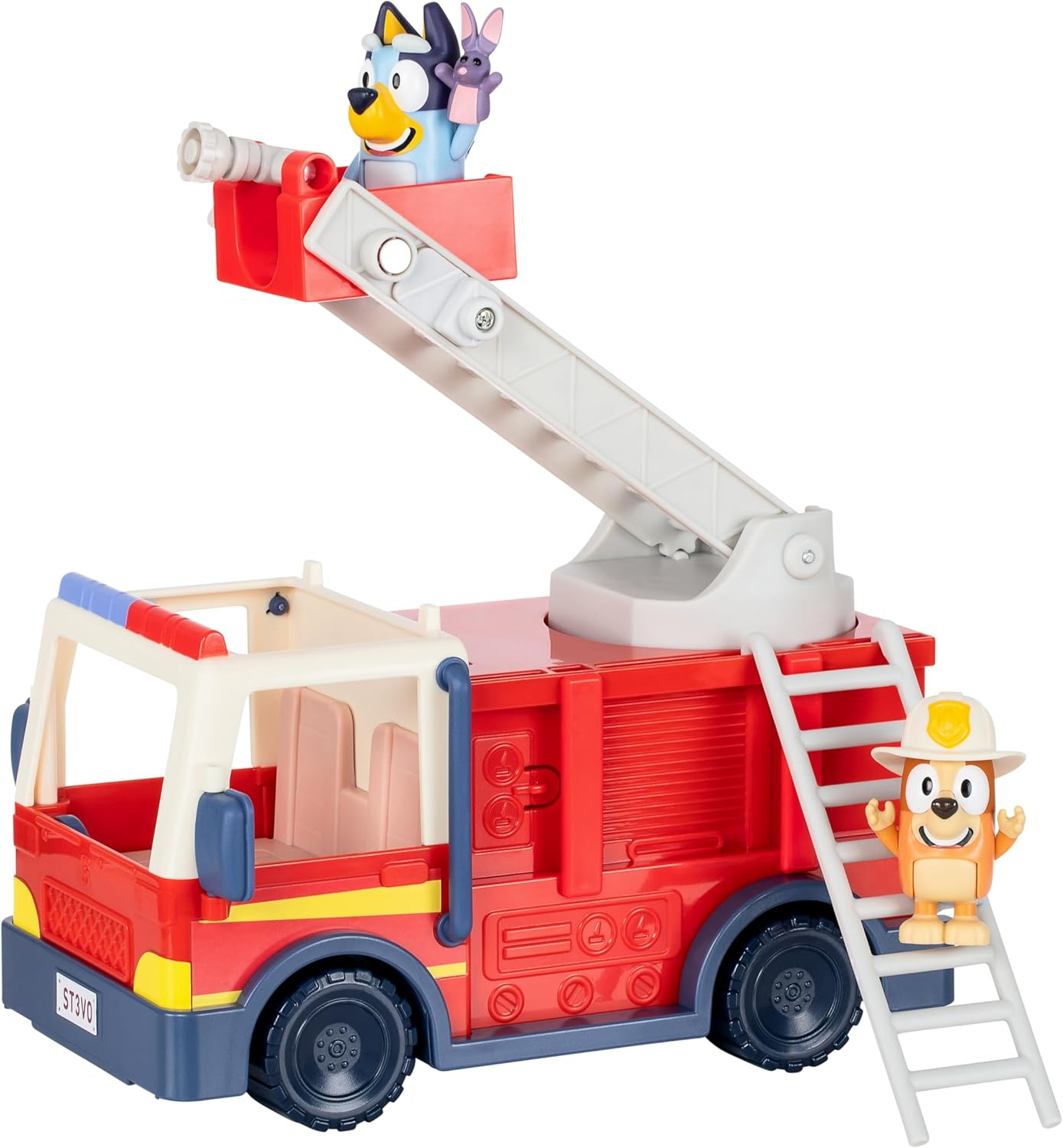 BLUEY Firetruck Firetruck, Exclusive Firefighter Bingo and Bob Bilby Figures Raise the Ladder, Spin It around and Roll Out the Hose Includes Sticker Sheet image number 3