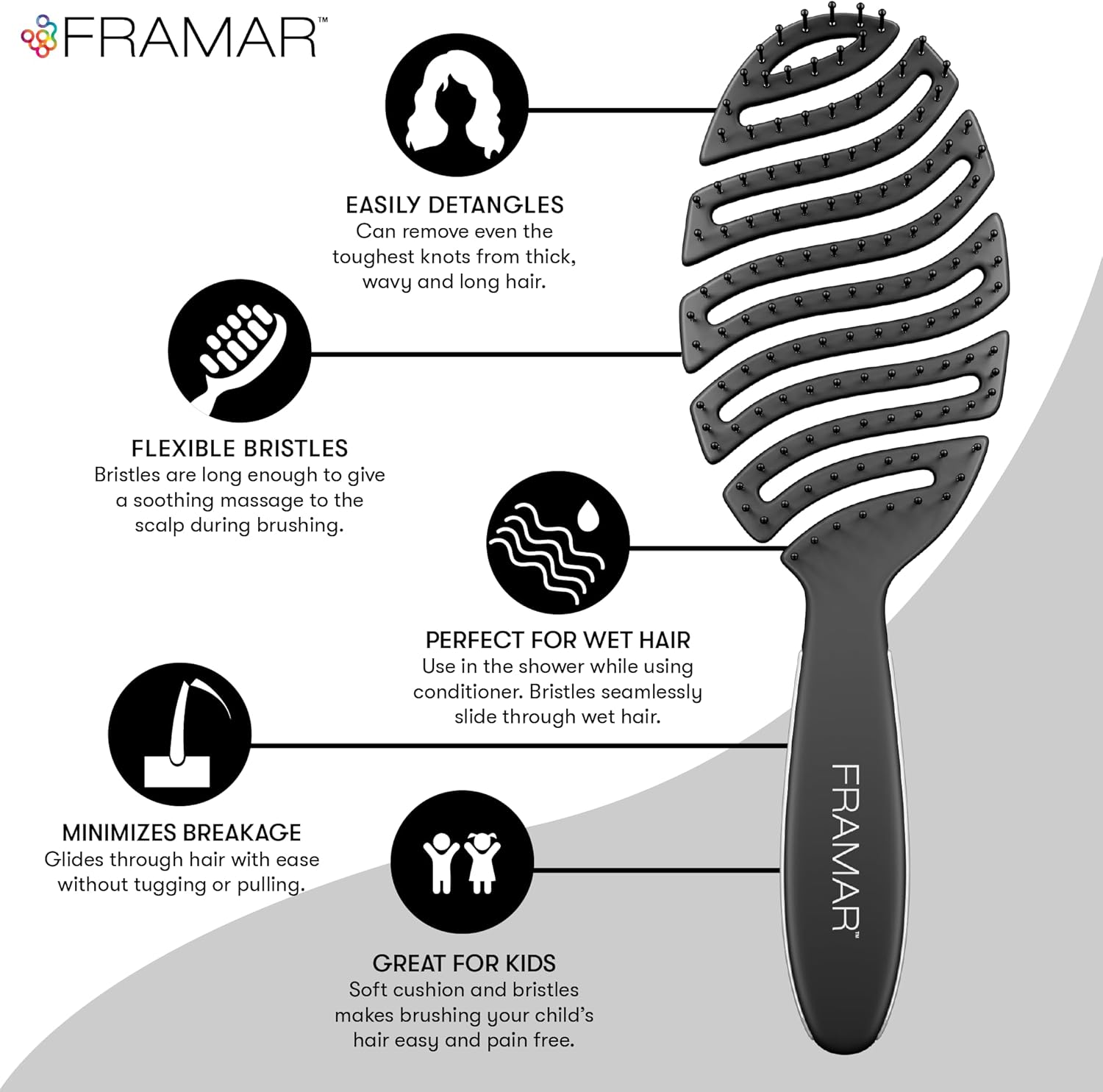 FRAMAR Vented Hair Brush for Women &ndash; Flex Brush, Wet Hair Brush Detangler, Wet Hairbrush for Women, Detangle Brush, Brushes for Hair, Hairbrushes &ndash; Vented Design for Faster Drying Time - Black - Black image number 4
