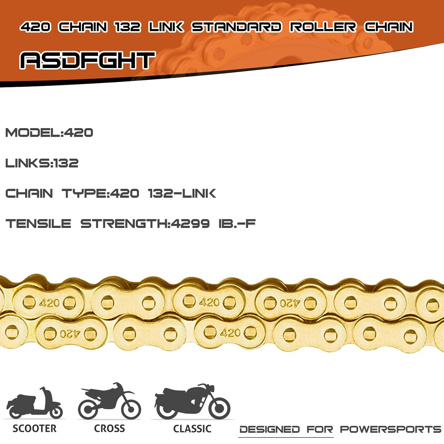 ASDFGHT 420 Motorcycle Chain 132 Link Gold