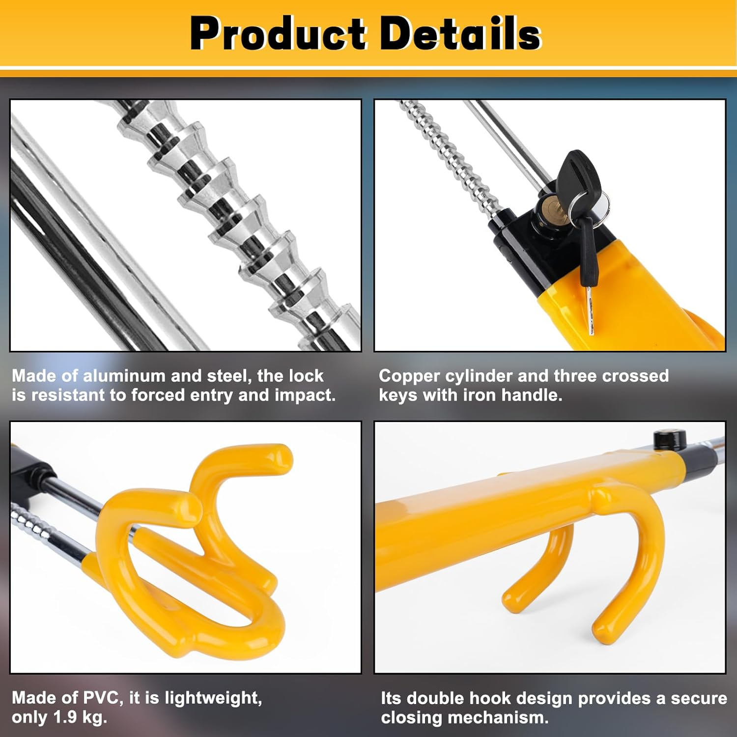 Steering Wheel Lock, Heavy Duty Anti-Theft Security Device for Cars, Adjustable Length Clamp, Double Hook Lock, Suitable for Multiple Car Models image number 6