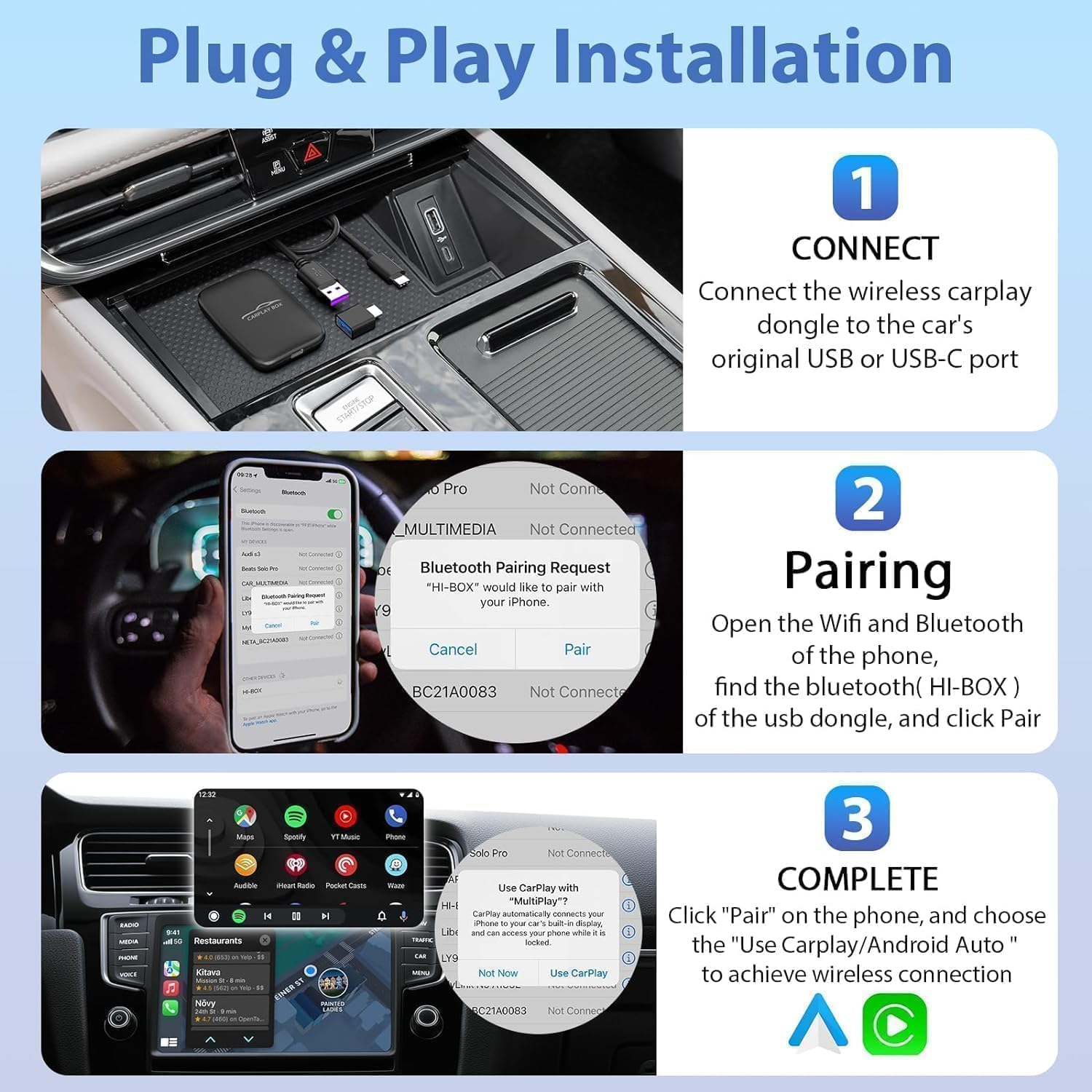 Wireless Carplay Adapter and Android Auto Wireless Support Netflix/Youtube/Tf Card,Carplay Wireless Adapter with USBA-C and USBC-C Cables for Iphone Android image number 3