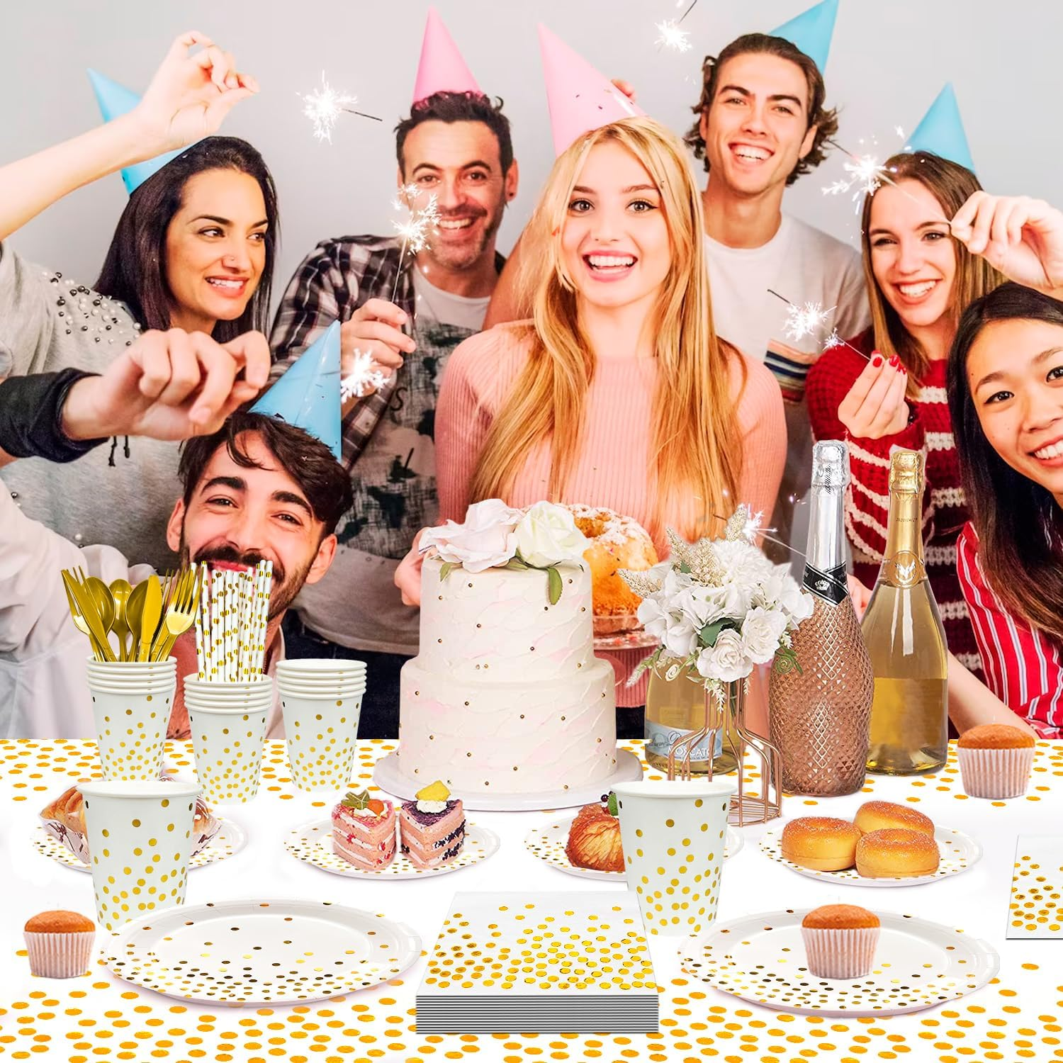 White and Gold Party Supplies, 24 Guests Gold Paper Plates and Napkins Party Supplies Set - White and Paper Plates Cups Tablecloth & Dot Napkins for Graduation, Holiday image number 2