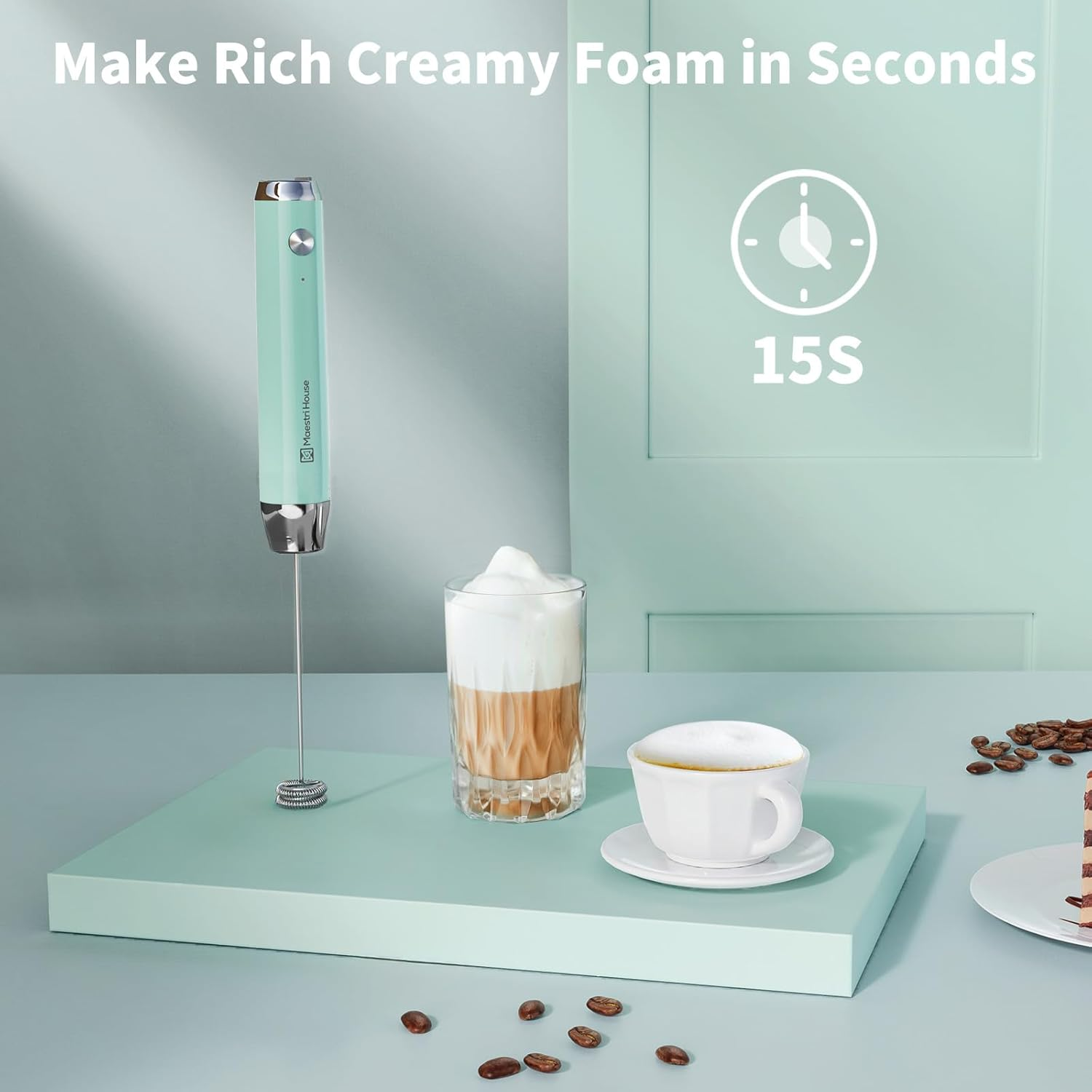 Maestri House Rechargeable Milk Frother, Handheld Electric Foam Maker Waterproof Detachable Stainless Steel Whisk Drink Mixer Foamer for Lattes, Cappuccino, No Stand, MMF-BX07-L image number 1