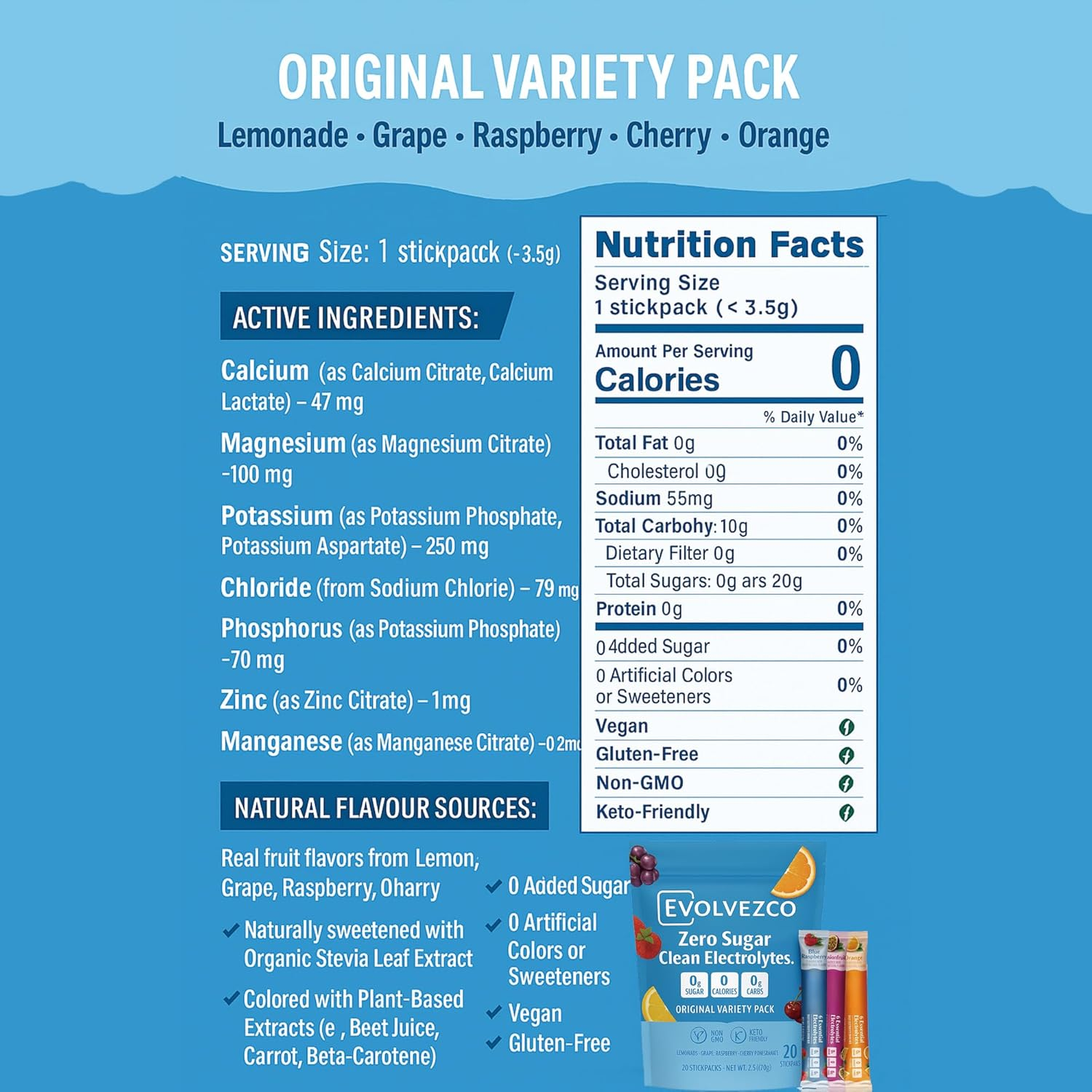 Electrolyte Drink Mix &ndash; Sugar-Free Hydration Powder with 6 Electrolytes + Vitamin C & Zinc &ndash; Vegan &middot; Non-Gmo &middot; Keto-Friendly &ndash; Original Variety Pack (20 Stickpacks) image number 1