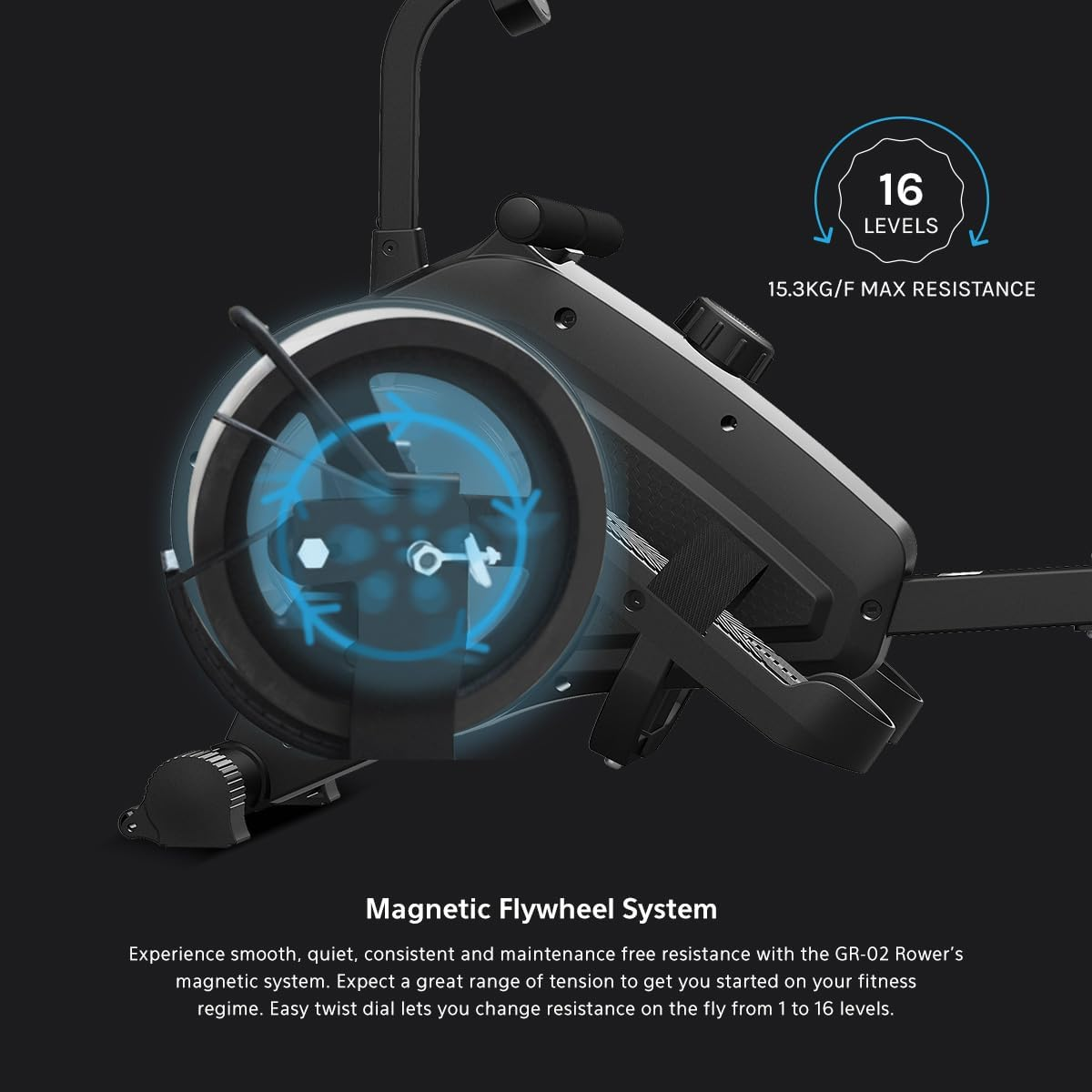 LSG GR-02 Rowing Machine with 16 Levels of Magnetic Resistance, LCD Display with Workout Data, Heavy-Duty Cast Iron Flywheel, Quiet Belt Drivetrain, Transport Wheels, Padded Handle, Commercial Rollers image number 5