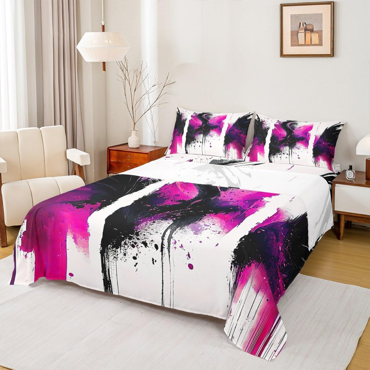 Jejeloiu Black, White and Rose Red Abstract Art Kids Bed Sheets Set,Boys Girls Twin Size,Splash Ink Pattern Fitted Sheet,Abstract Luxury Microfiber Bedding Set,Modern Art Bedding Collection