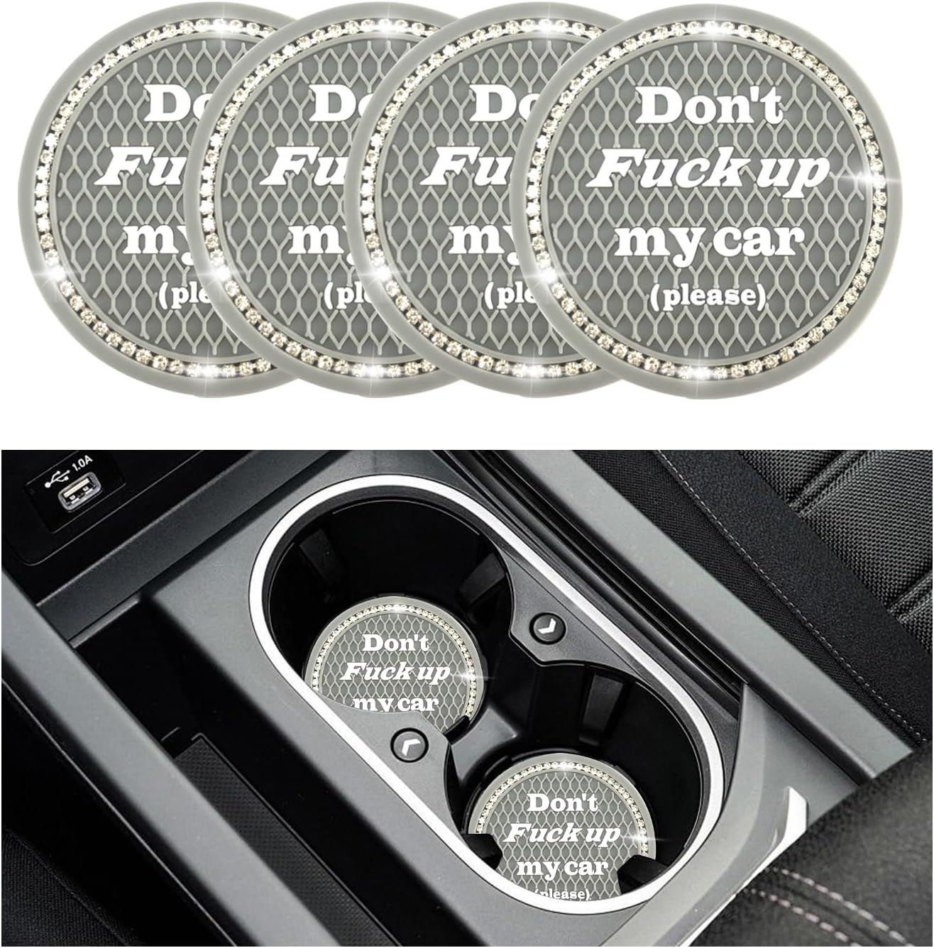 4 PCS Bling Car Cup Coaster, 2.75 Inch Anti-Slip Cup Holder Insert Coasters, Universal Crystal Rhinestone Auto Drink Car Cup Mat, Interior Car Accessories for Women Girls (Rose Red)