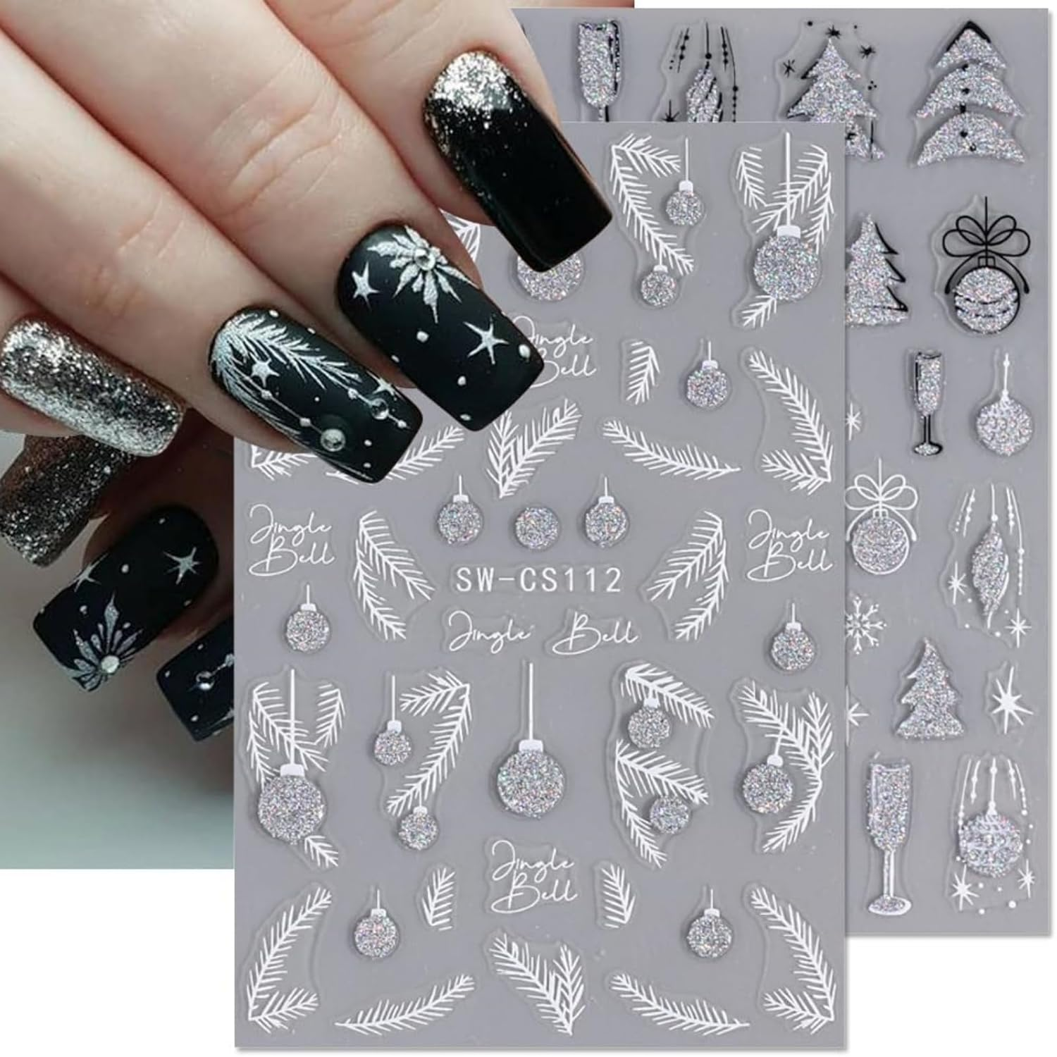 Itadaku 4 Sheets Christmas Nails Stickers, Glitter Xmas Tree, Silver Jingle Bell, Pine Leaf, 3D Snowflake & Star Nail Art Decals, Holiday Nail Design Accessories for Women & Girls image number 2