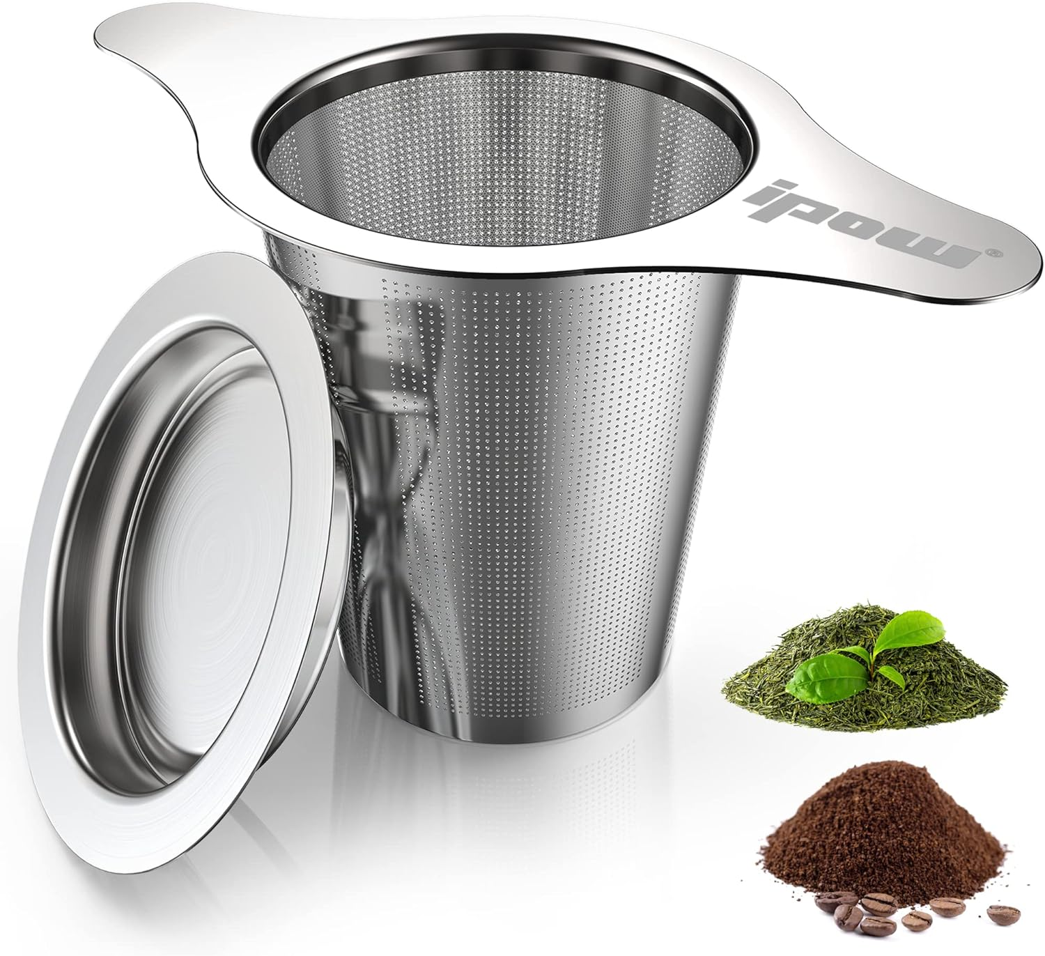 IPOW Reusable Stainless Steel Coffee Filter, Paperless Coffee Maker Strainer, Double Fine Mesh Basket for Loose Tea& Ground Coffee, Coaster Lid, Long Handle for Cup, Mug &Teapot image number 2