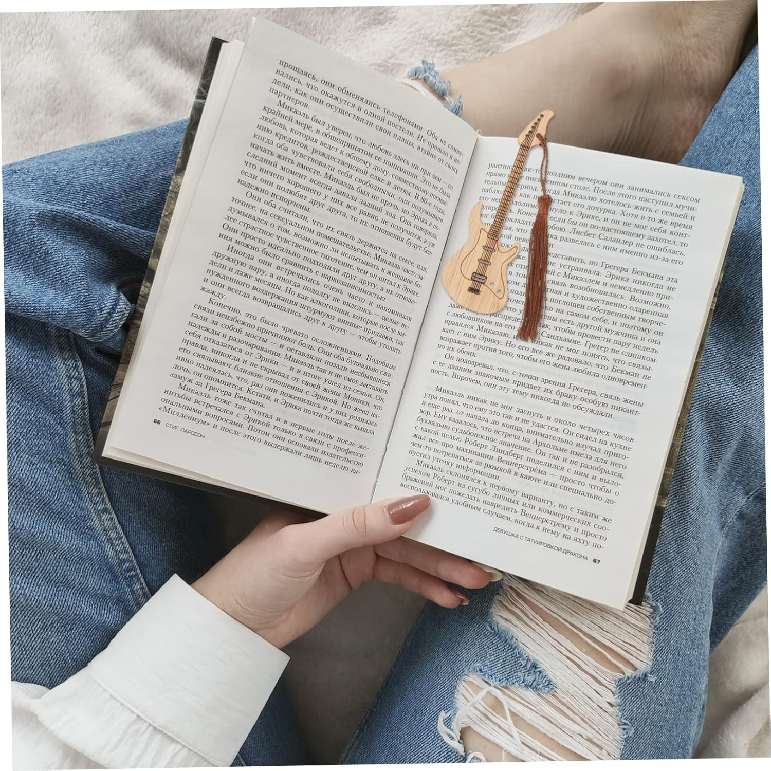 Tofficu 2Sets Bamboo Book Marks Creative Tassels Students Present Guitar Shapebookmark 4Pcs*2 image number 5