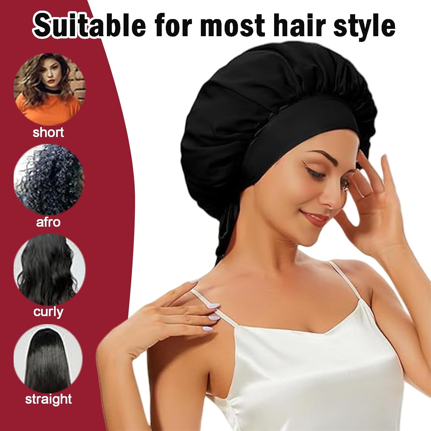 Silk Hair Bonnet, Silk Hair Bonnet for Sleeping, Double Moisture Curly Anti-Frizzy, Large Night Sleep Shower Cap, Adjustable Tie Band Shower Cap for Women image number 2