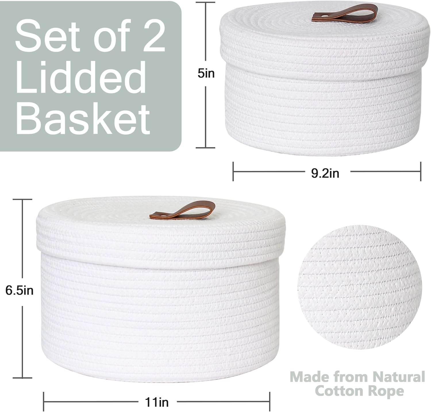 HONCESTA Small Basket with Lid, Set of 2 Cotton Rope Storage Basket with Lid, Decorative Woven Storage Bin with Cover, Lidded round Baskets for Organizing, Cute Toy Box, Shelf Basket for Decor, White image number 6