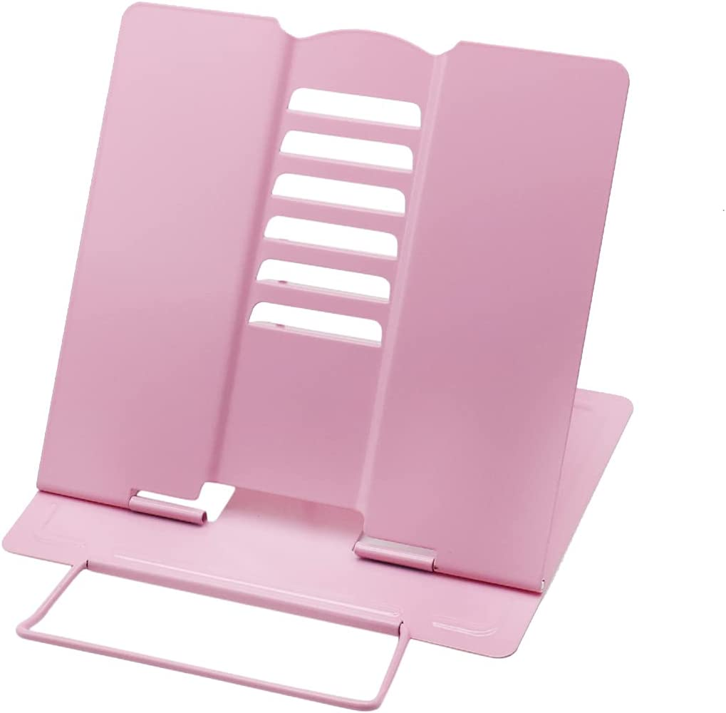 Desk Book Stand Worthplanet Metal Reading Rest Book Holder Lightweight Bookstand with 6 Adjustable Angles and Paper Page Clip for Textbook, Recipe, Magazine, Paper Tablet W160002 (Pink) image number 1