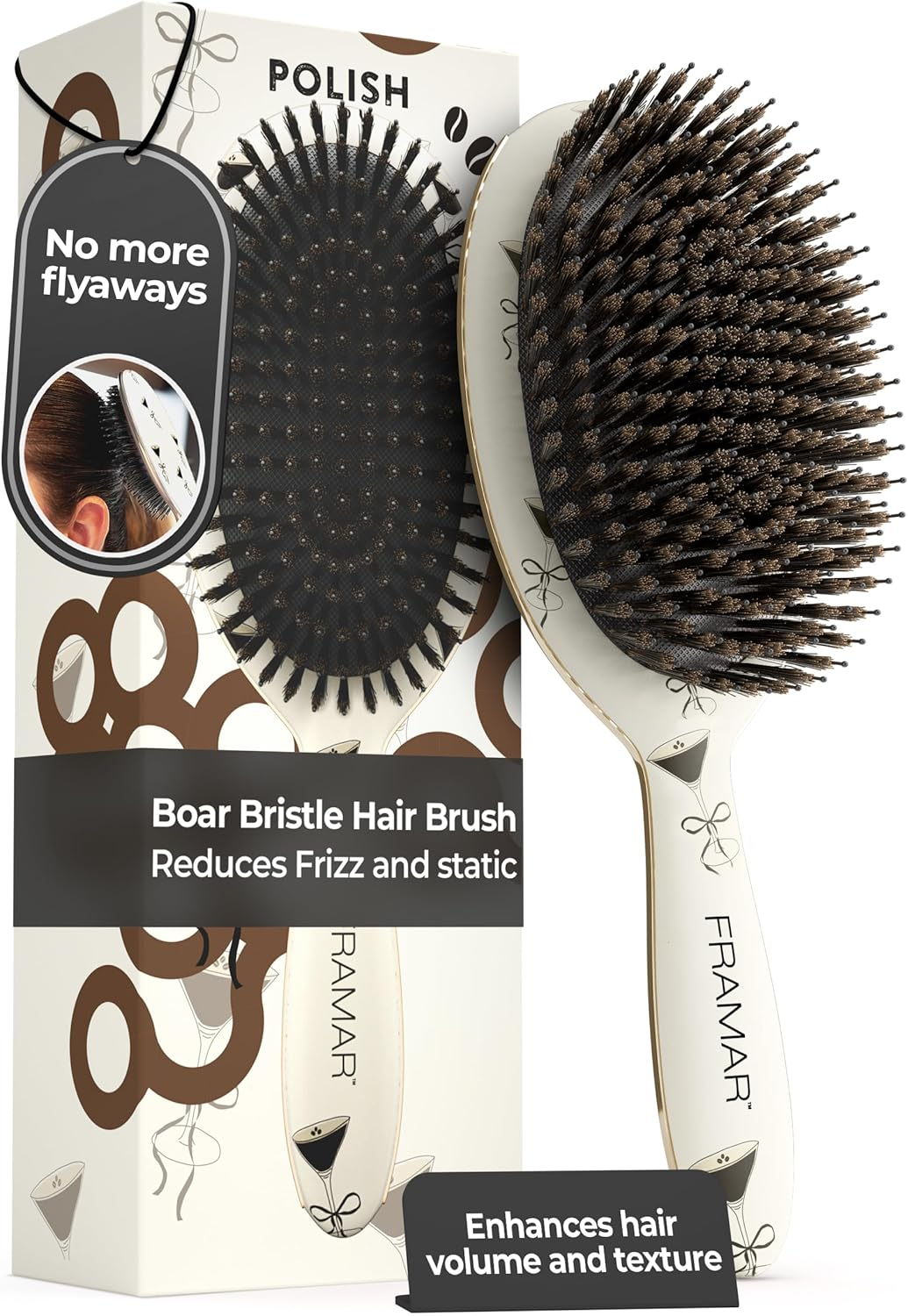 FRAMAR Boar Bristle Hair Brush &ndash; Slick Back Hair Brush for Women, Boar Bristle Brush, Slick Back Brush, Hairbrush Women, Brosse a Cheveux, Boar Brush for Volume and Shine &ndash; Espresso Martini