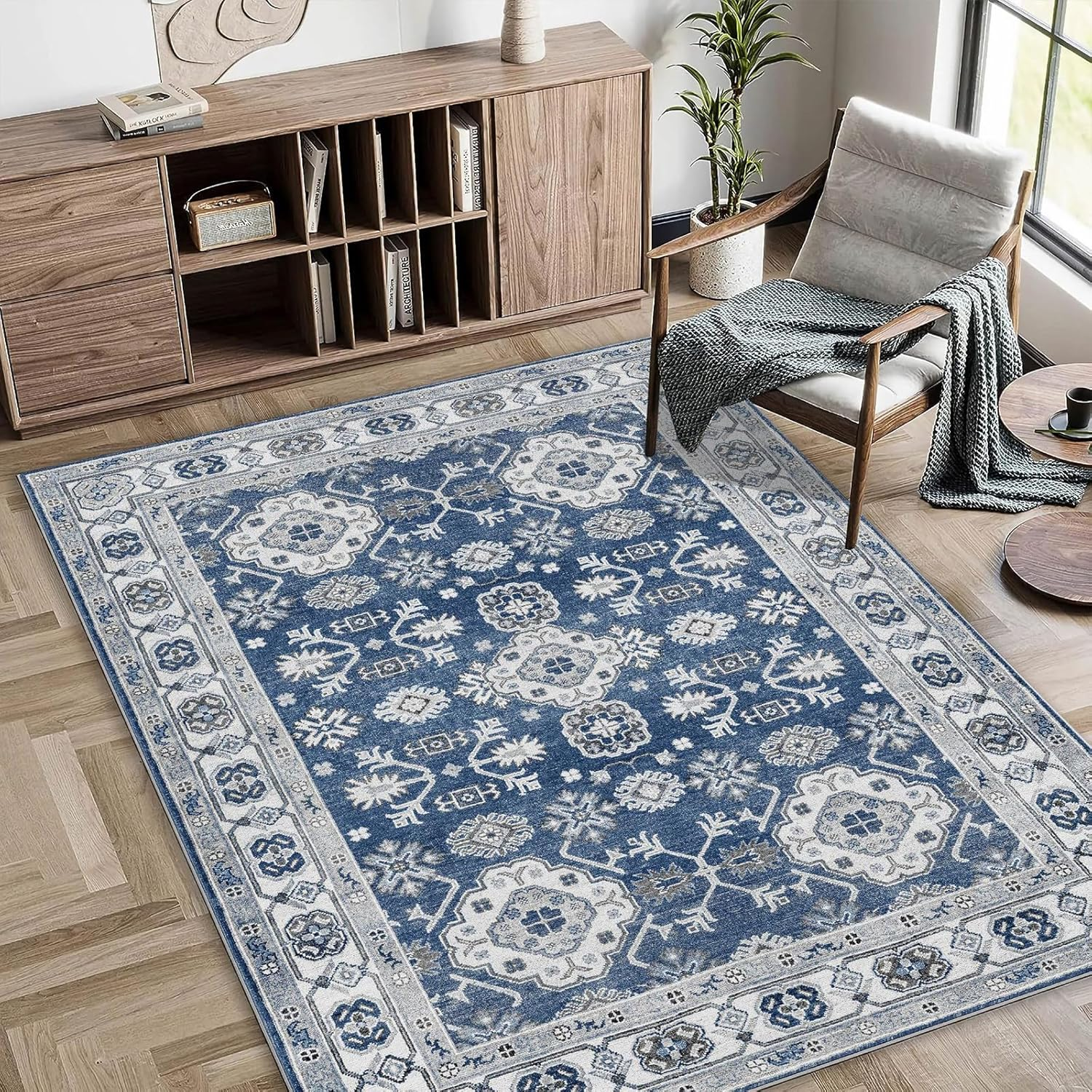 Large Area Rugs for Living Room, Boho Area Rugs, Indoor Vintage Large Area Rug, No Slip Thin Rugs Carpet for Bedroom Home Office Aesthetic Decor (Blue,160 X 230 CM)