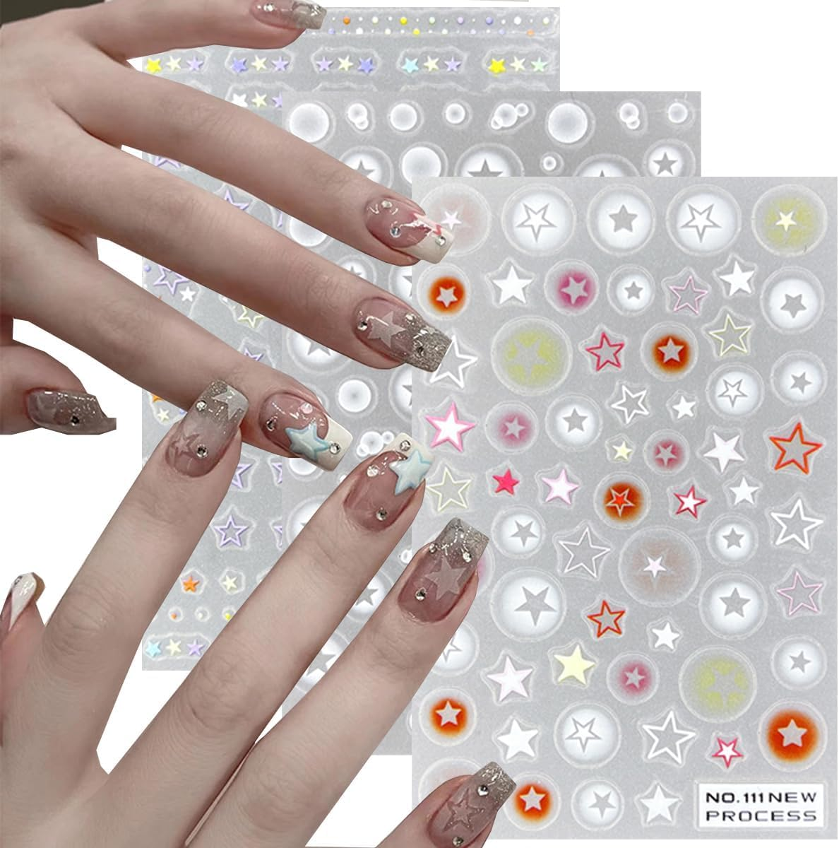6 Sheets Star Nail Stickers 3D Glitter Shiny Gold Silver White Black Stars Nail Art Sticker Geometry Star Sticker DIY Transfer Decal Designs Nail Tips DIY (Design2) image number 3