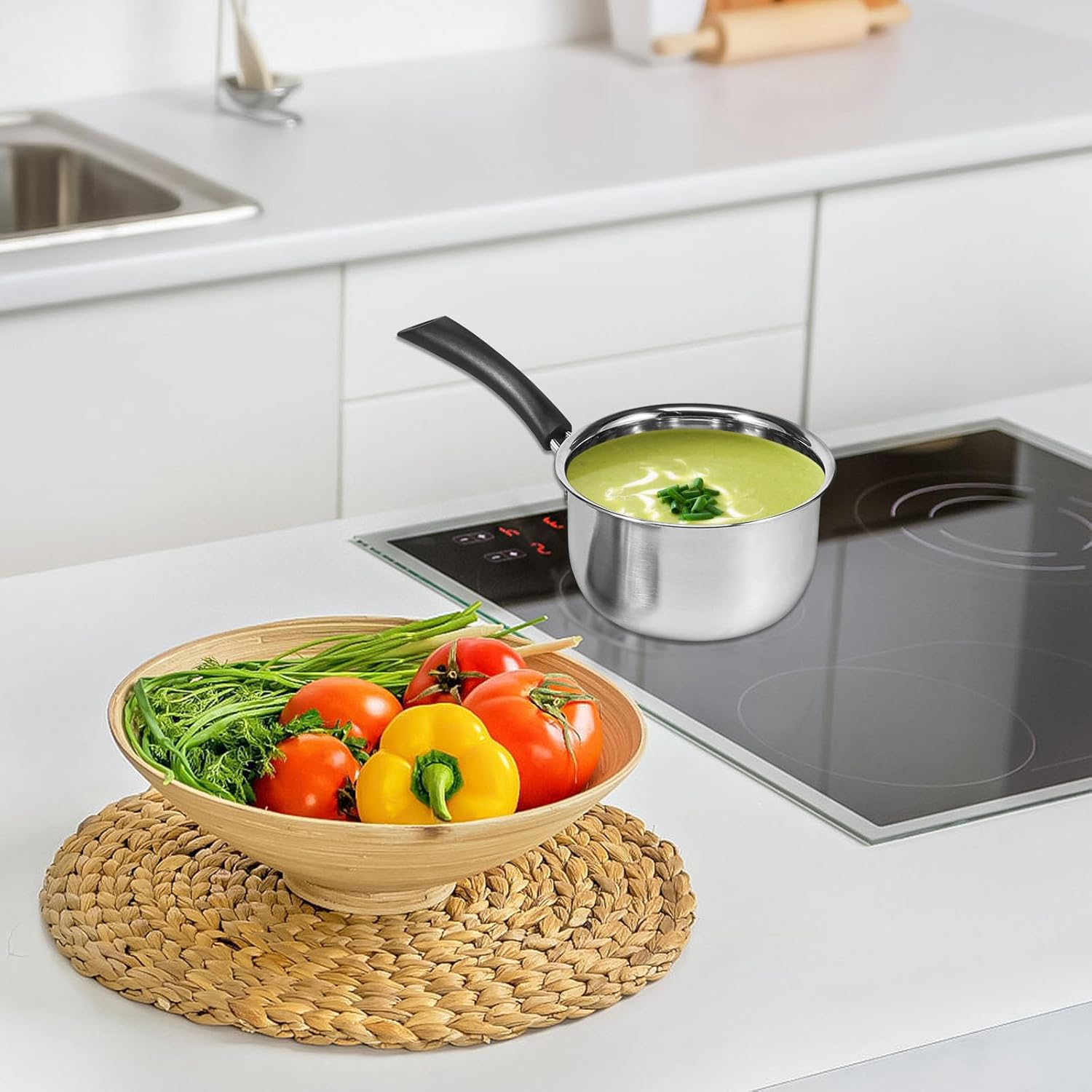 Stainless Steel Saucepan, Small Sauce Pot Milk Pot, Portable Small Cooking Pot with Glass Lid Heat-Resisting Handle, Dishwasher Safe Soup Pot Porridge Cooking Pot for Kitchen Cooking Boiling Stewing image number 5