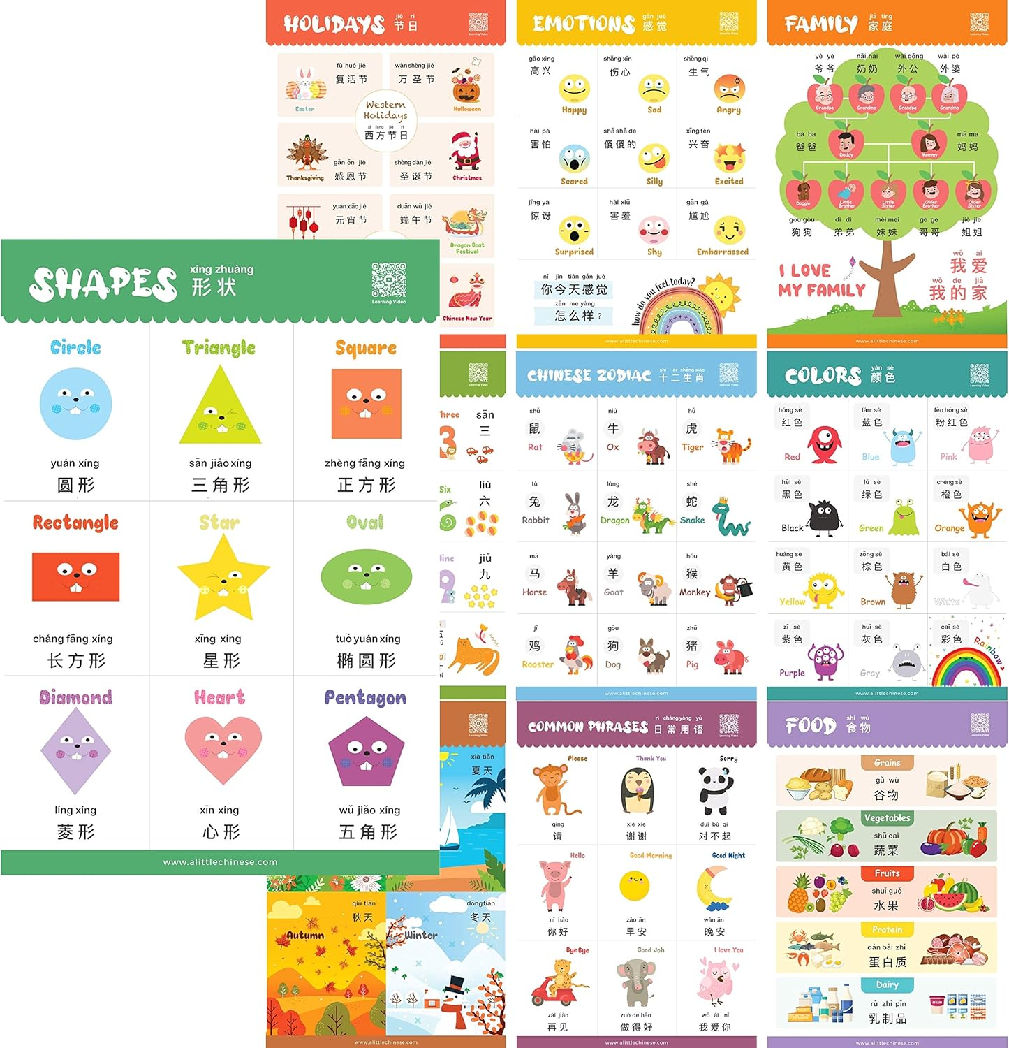 N/A Learn Chinese for Kids Poster Set - Bilingual with English, Simplified Chinese, and Pinyin - for Toddlers and Preschoolers - Learning Videos Included image number 4