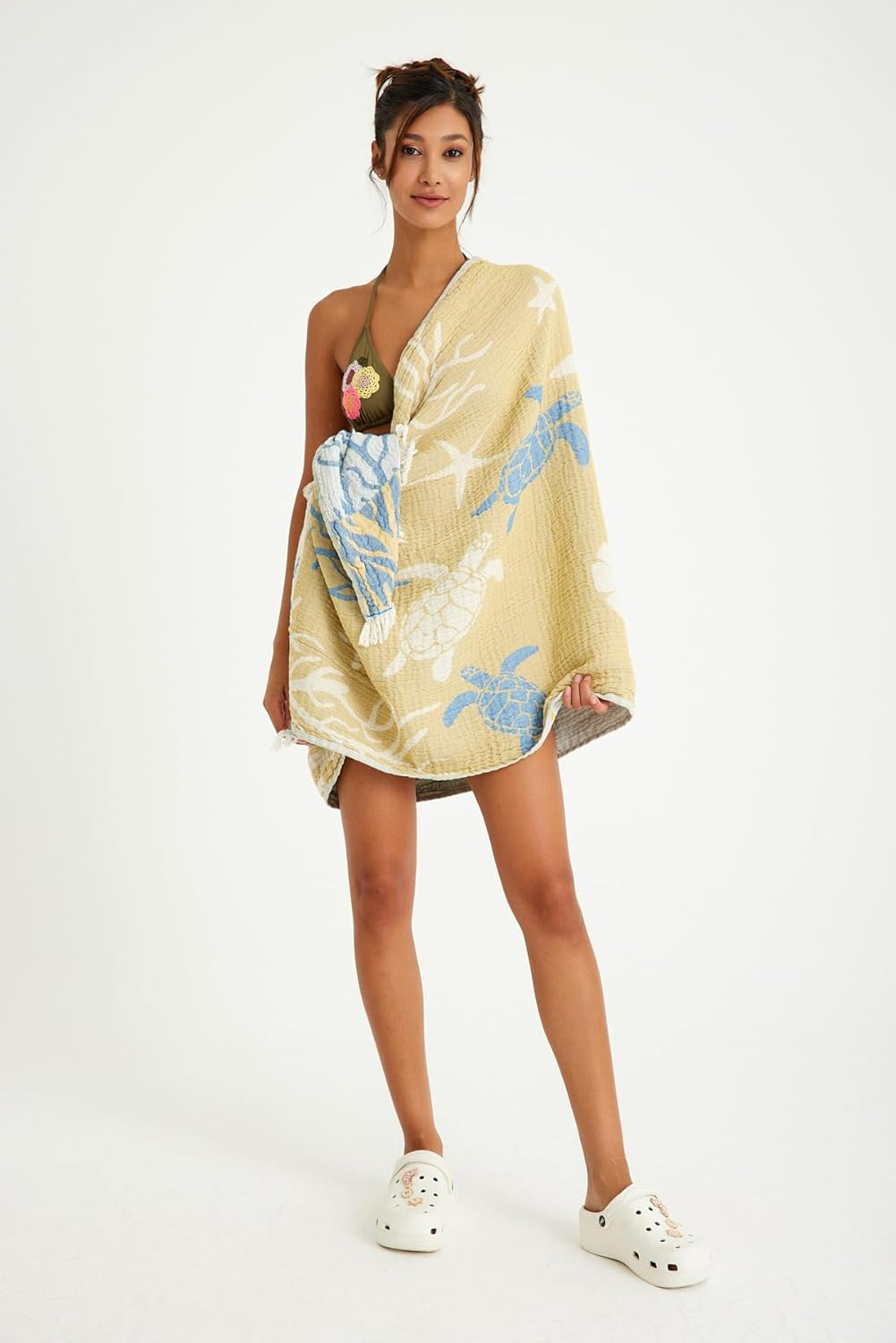 Barooga Beach Towel% 100 Premium Turkish Cotton, Turtle Print Prewashed Jacquard Towel for Bath, Beach, Pool, Sauna, Gym, Camping, Yoga, Spa, Quick-Dry (75X170 Cm) (Yellow) image number 1