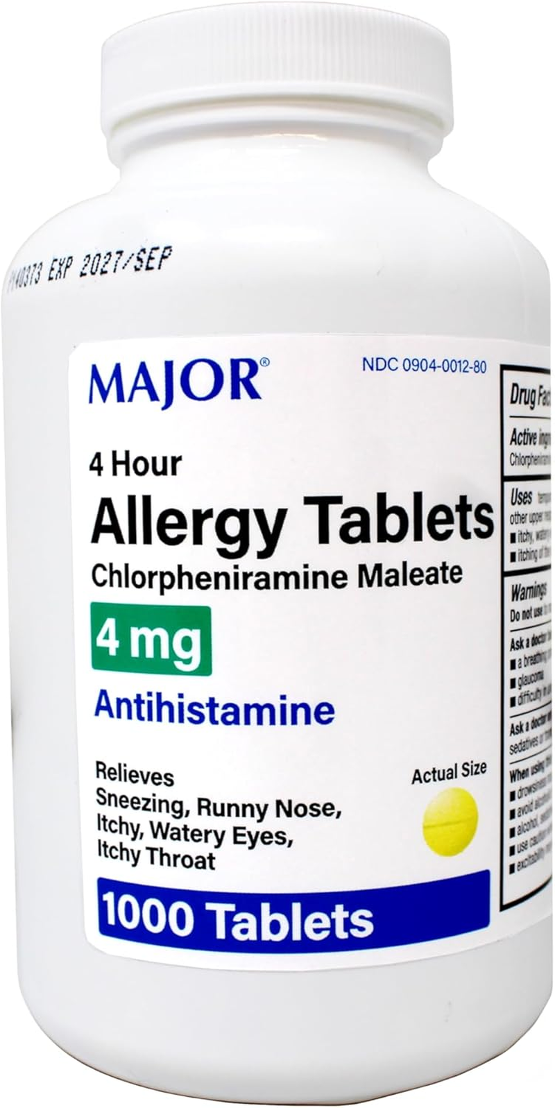 CHLORPHENIRAMINE 4MG TAB CHLORPHENIRAMINE MALEATE-4 MG Yellow 1000 TABLETS UPC 309040012807 image number 1