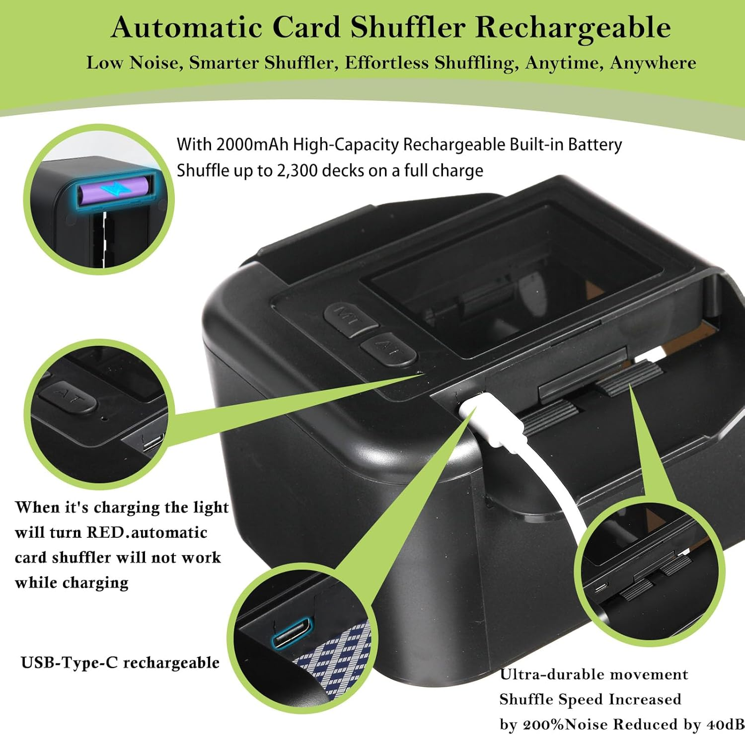 Rechargeable Automatic Card Shuffler for 2 Decks, 2000 Mah Built in Battery USB-C Charge, Low Noise Fast Shuffle, Smart Auto Shuffler for UNO Poker Blackjack Skip-Bo Texas Hold'Em Canasta Skyjo