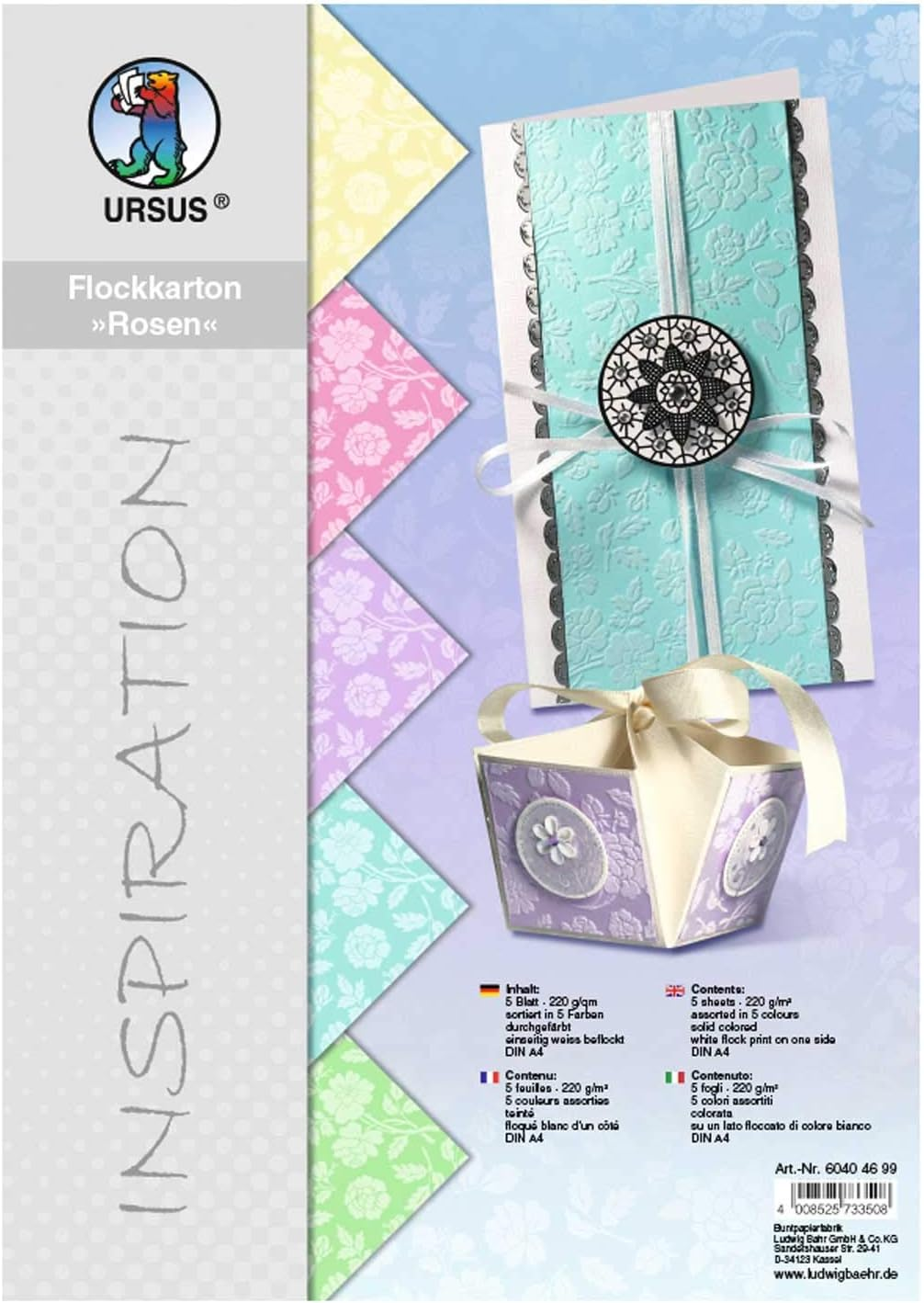 Ursus 60404699 - Flock Cardboard, Roses, Pastel, DIN A4, 220 G/M&sup2;, 5 Sheets in , Dyed, One-Sided with White Flock, Ideal for Creative Crafts