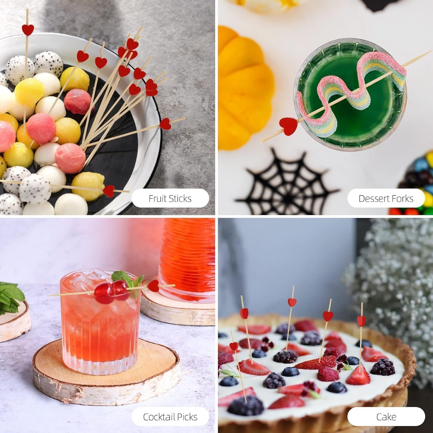 100 Pcs Cocktail Picks, 4.7 Inch Toothpicks for Appetizers, Bamboo Cocktail Sticks Skewers for Drinks, Desserts, Charcuterie, Party Fancy Toothpicks, Heart-Shaped Mini Food Picks Decorative. image number 1